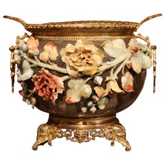19th Century French Hand-Painted Barbotine Flower Cache Pot with Bronze Mounts