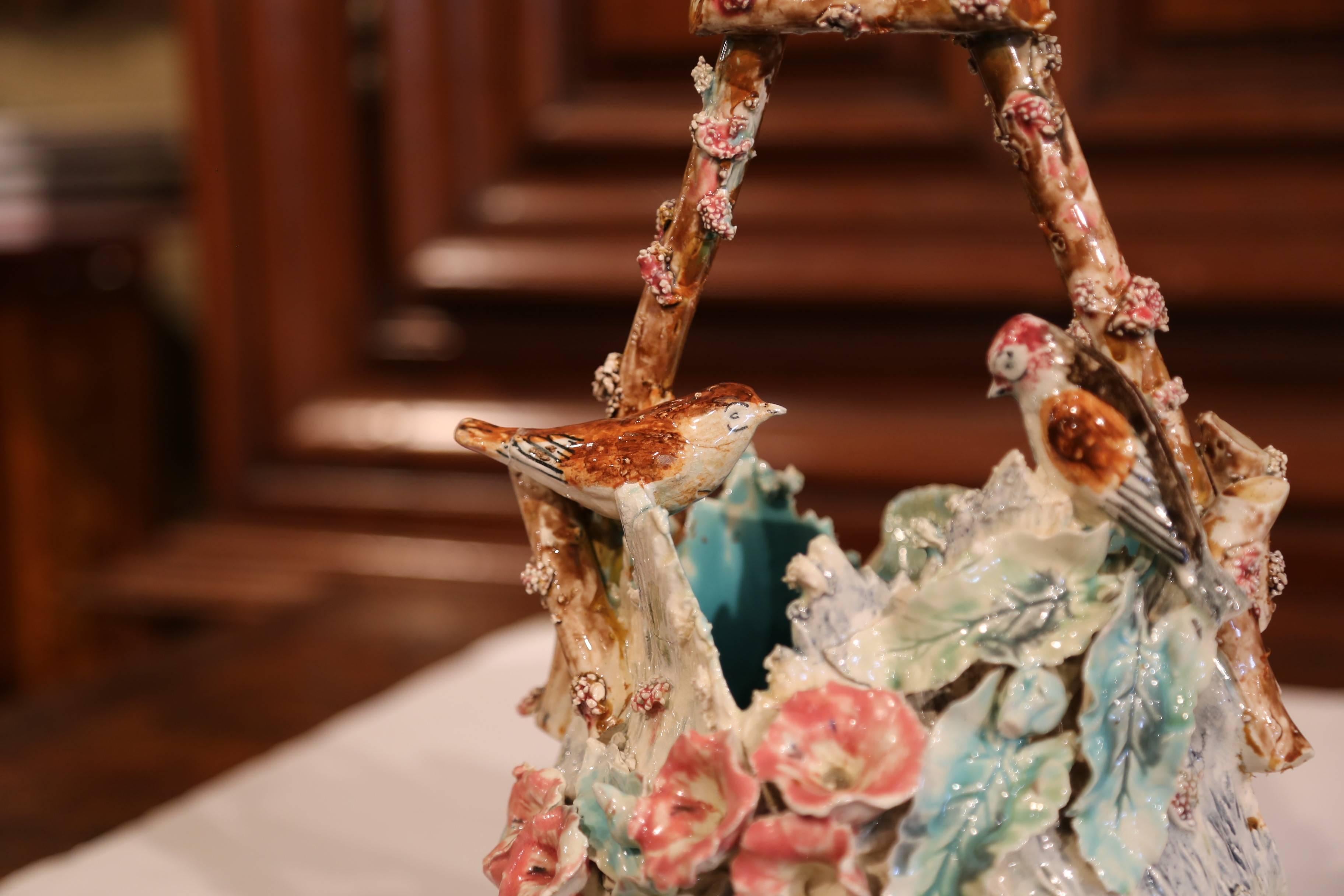 19th Century French Hand-Painted Barbotine Jardiniere with Birds and Flowers In Excellent Condition In Dallas, TX