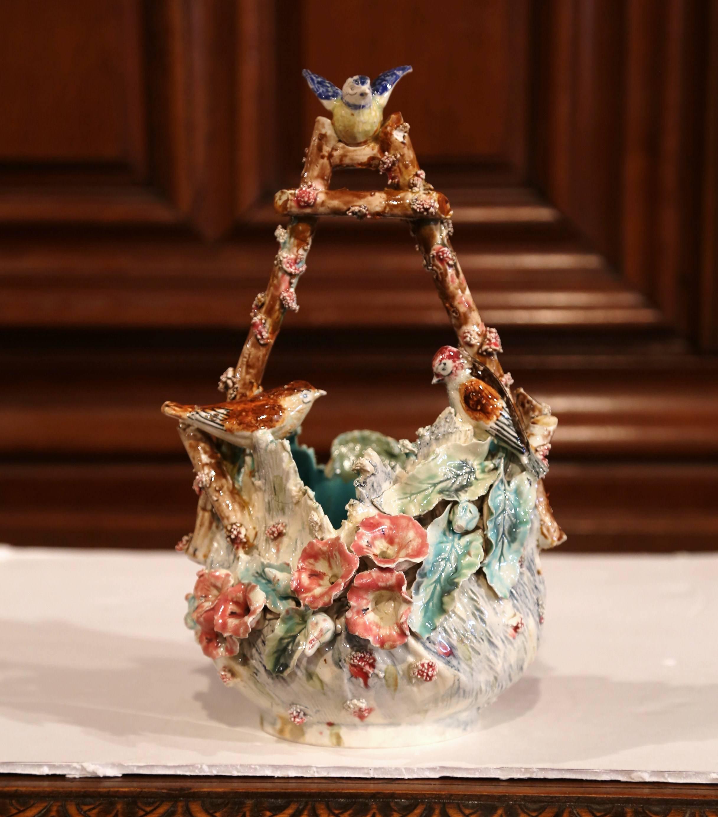 19th Century French Hand-Painted Barbotine Jardiniere with Birds and Flowers 1