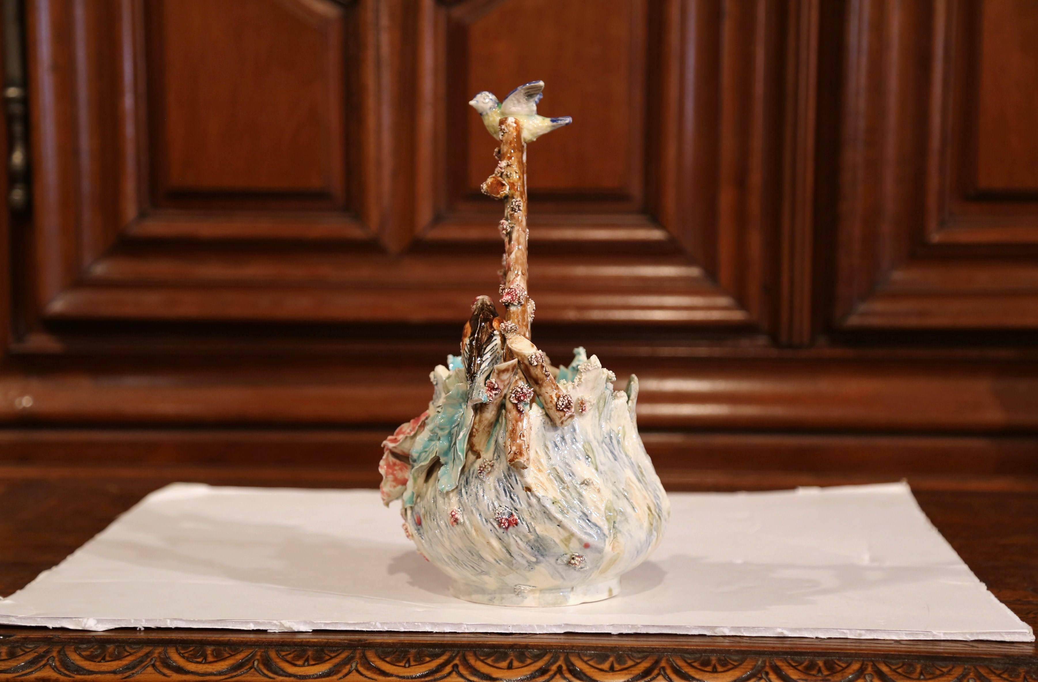 19th Century French Hand-Painted Barbotine Jardiniere with Birds and Flowers 2