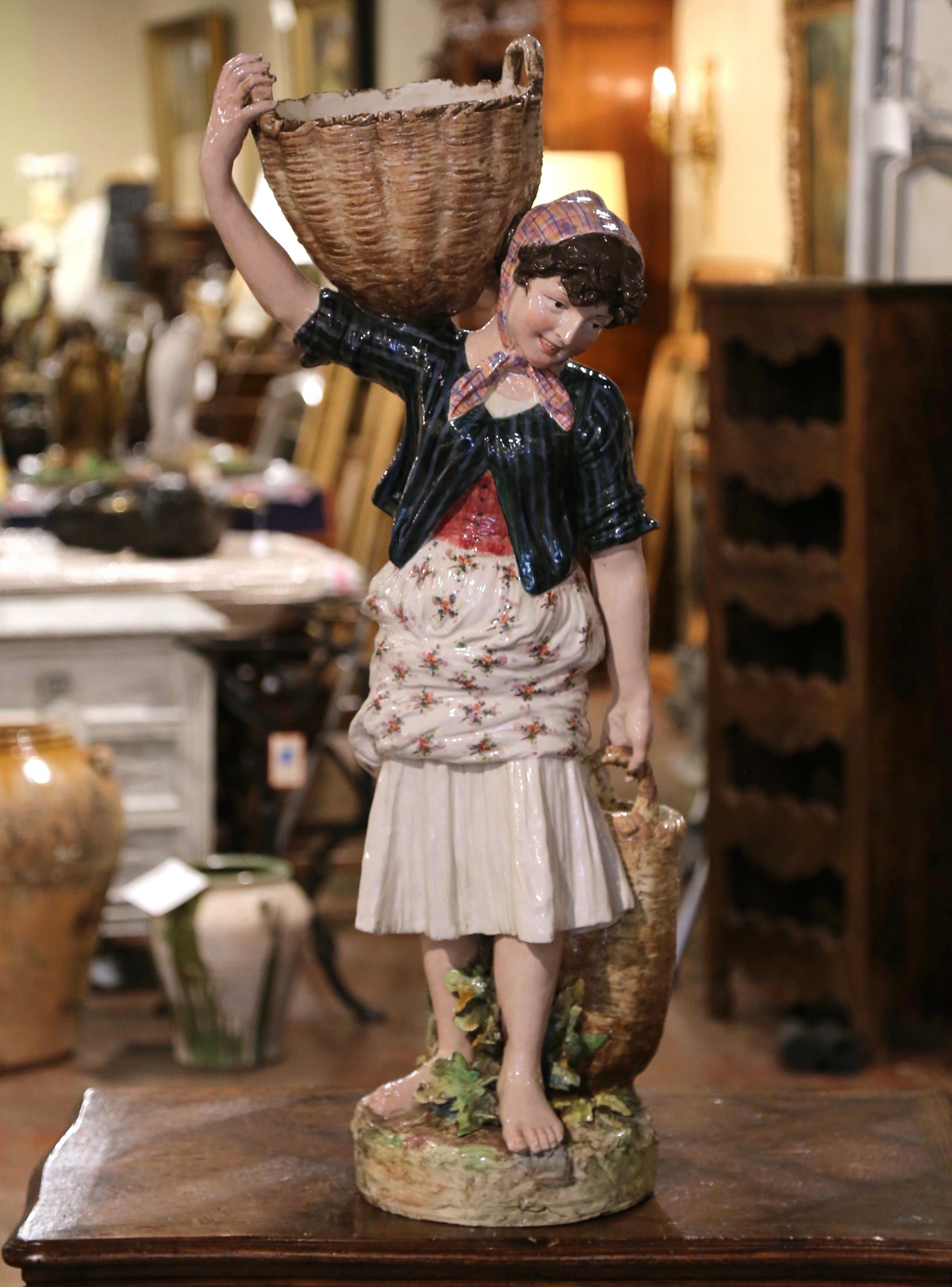 19th Century French Hand-Painted Barbotine Porcelain Figurine Statue In Excellent Condition In Dallas, TX
