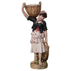 Antique 19th Century French Hand-Painted Barbotine Porcelain Figurine Statue