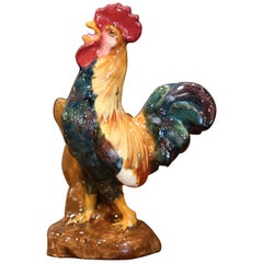 19th Century French Hand Painted Barbotine Rooster Vase Signed Delphin Massier