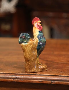 19th Century French Hand Painted Barbotine Rooster Vase Signed Delphin Massier