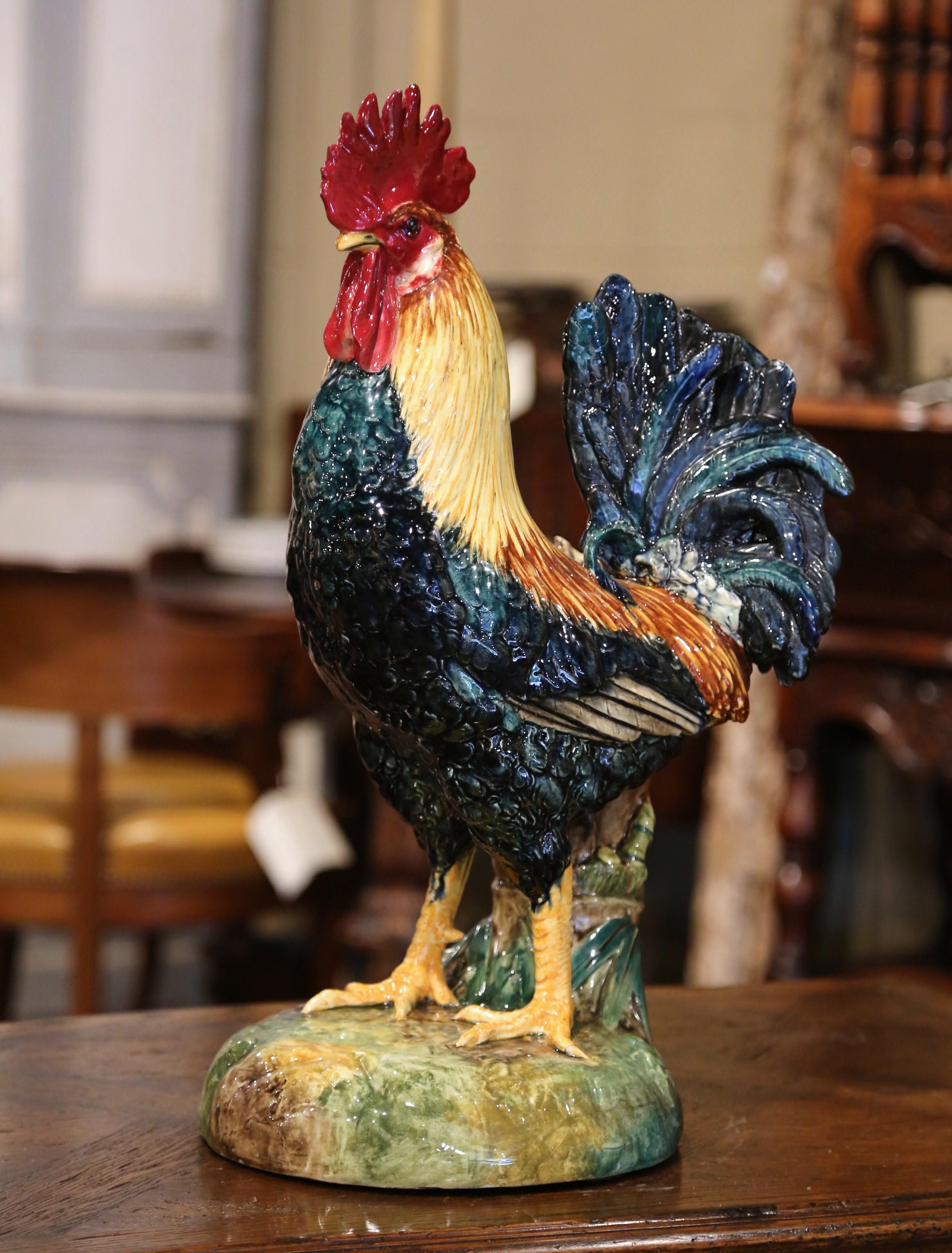 Bring the country French style into your home with this large, colorful, antique rooster figure with side vase. Crafted in France circa 1890, the chicken sculpture is a Classic French country home accessory. The tall porcelain bird is hand painted