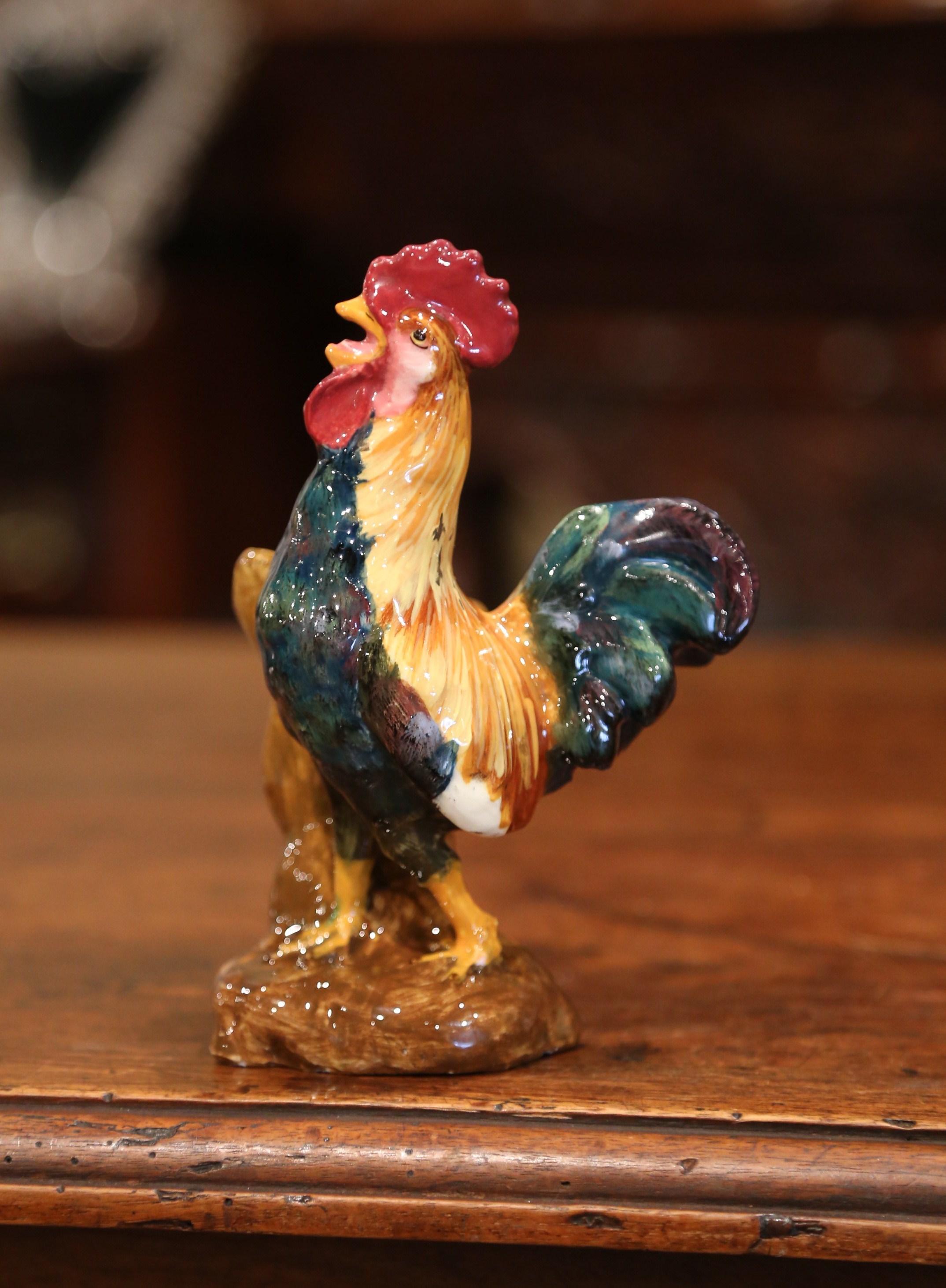 European 19th Century French Hand Painted Barbotine Rooster Vase Signed Delphin Massier