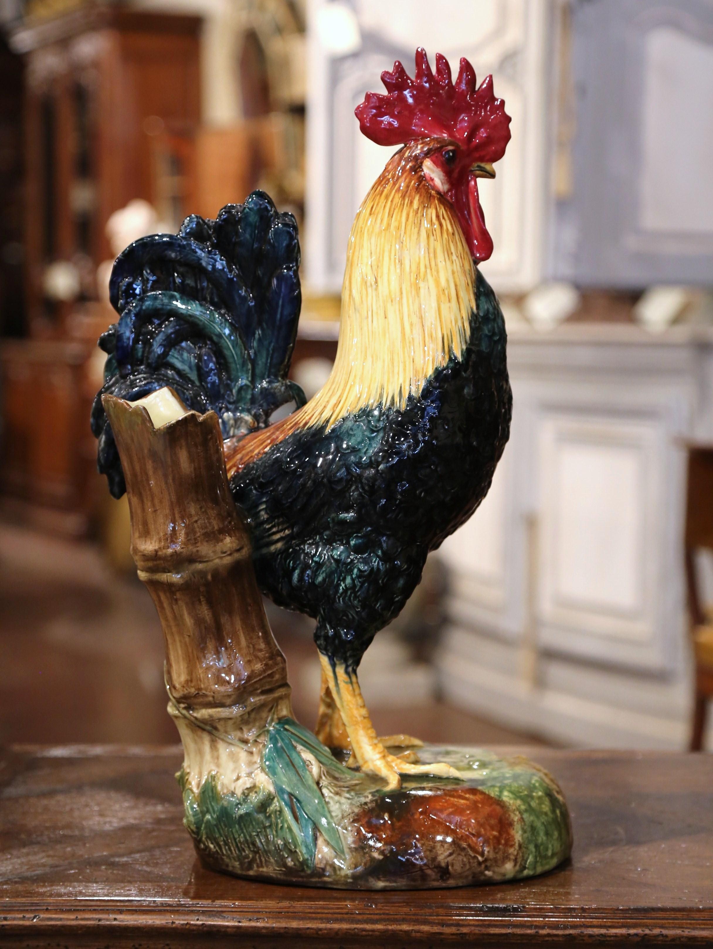 Hand-Crafted 19th Century French Hand Painted Barbotine Rooster Vase Signed Dephin Massier