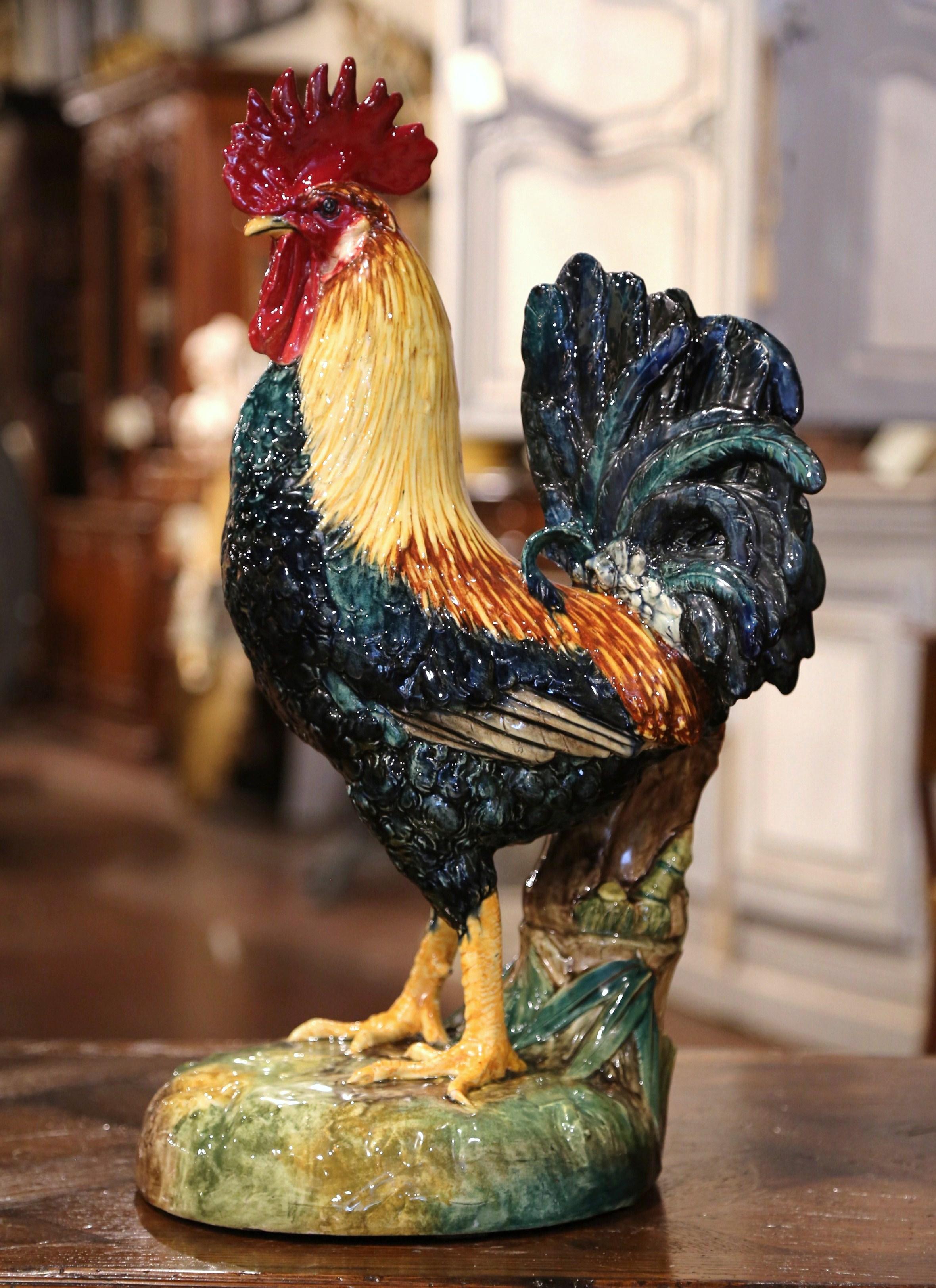 19th Century French Hand Painted Barbotine Rooster Vase Signed Dephin Massier In Excellent Condition In Dallas, TX