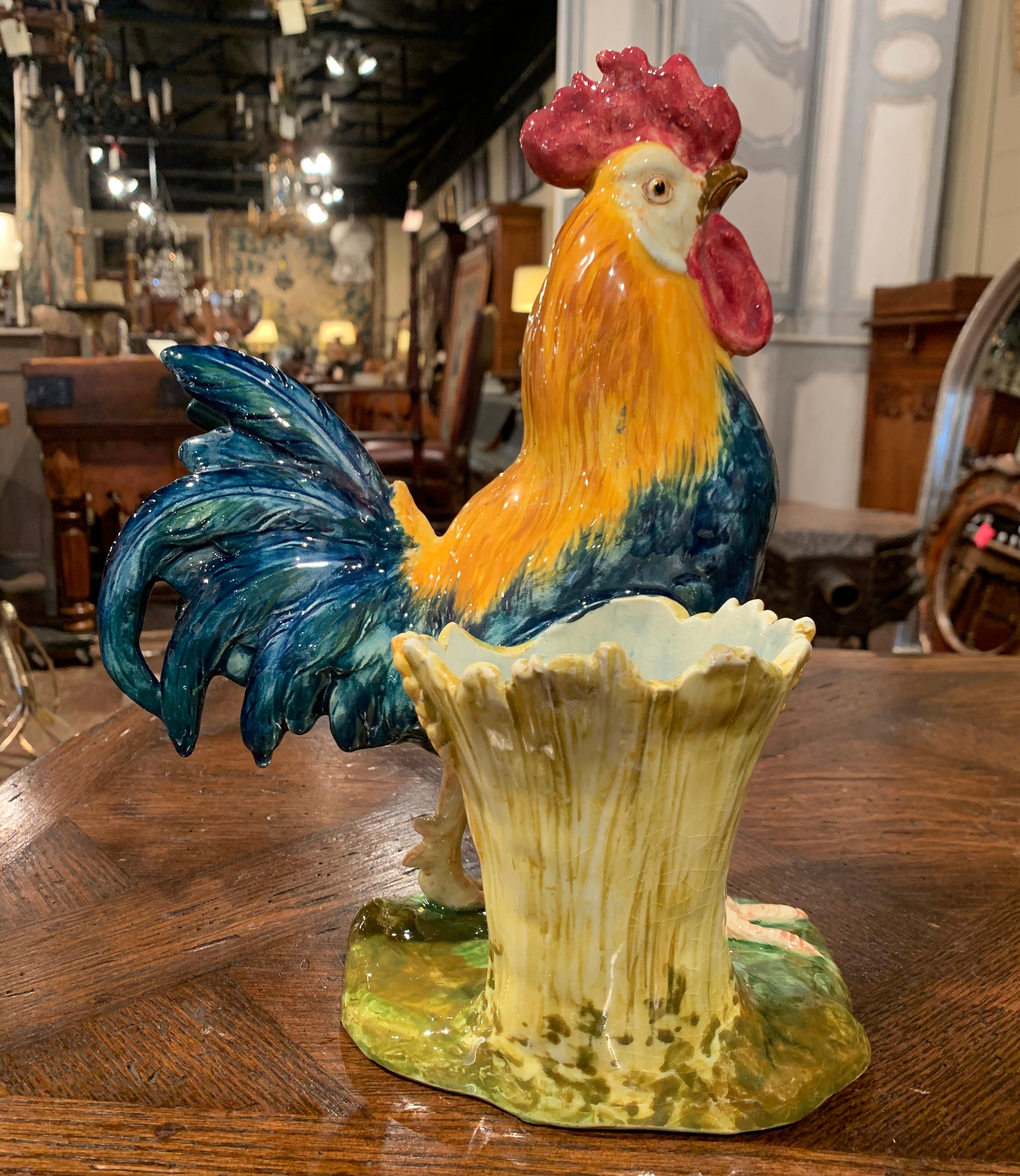 19th Century French Hand Painted Barbotine Rooster Vase Signed J. Massier In Excellent Condition In Dallas, TX