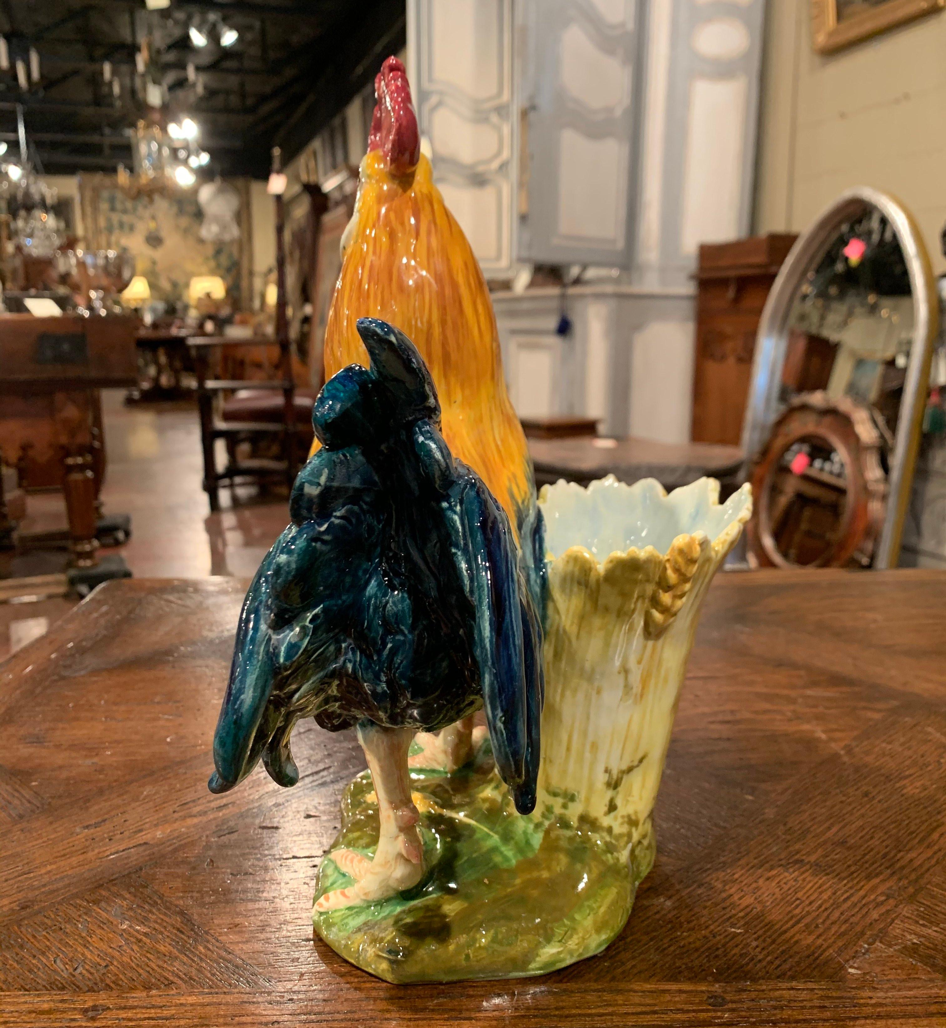 Majolica 19th Century French Hand Painted Barbotine Rooster Vase Signed J. Massier