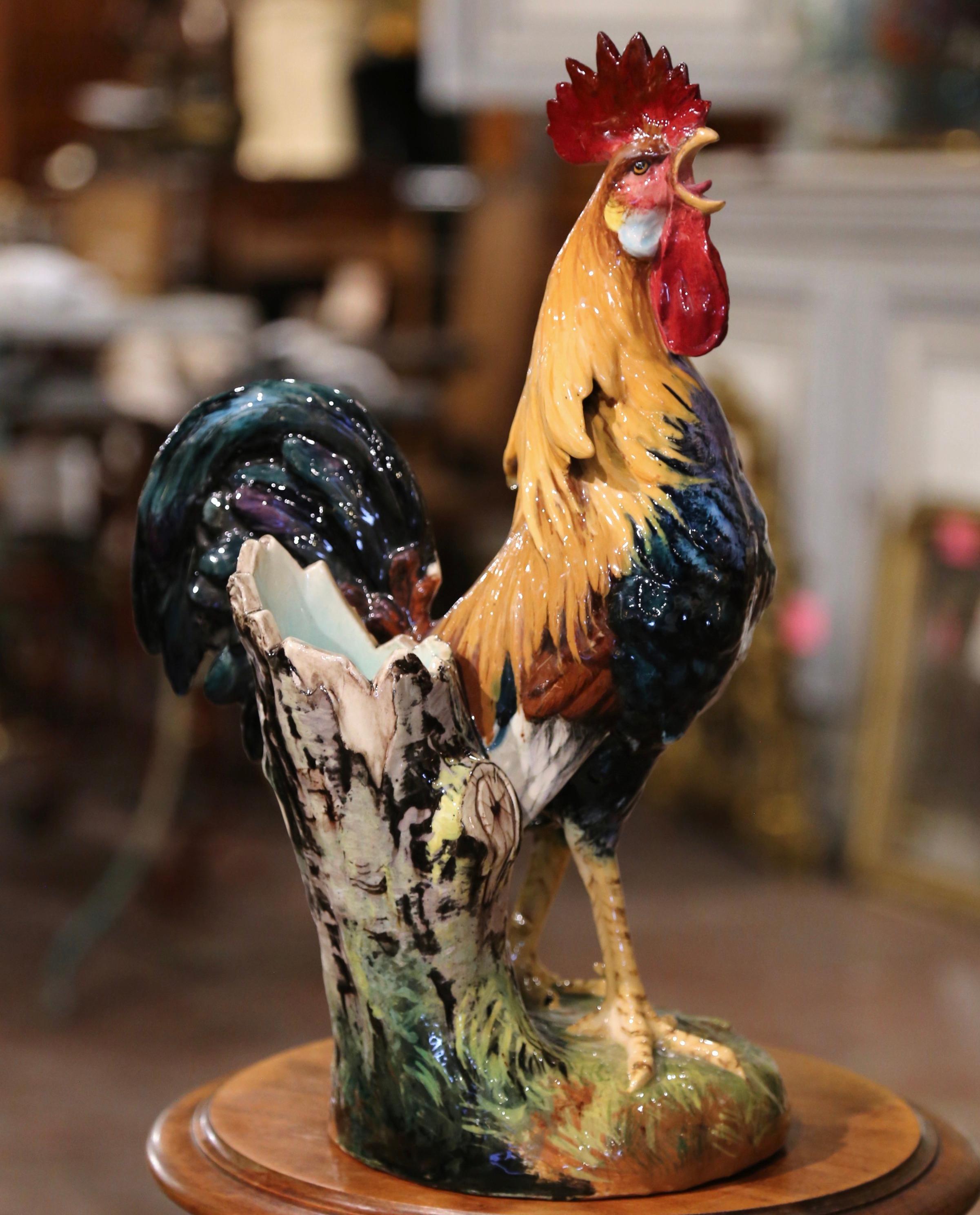 Hand-Crafted 19th Century French Hand Painted Barbotine Rooster Vase Signed Jerome Massier For Sale