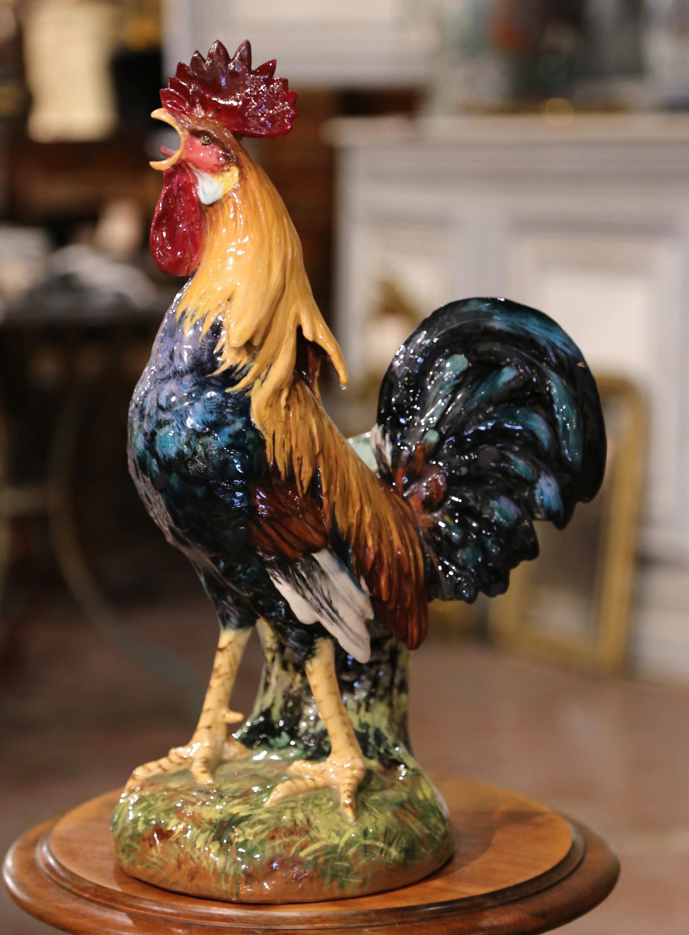 19th Century French Hand Painted Barbotine Rooster Vase Signed Jerome Massier In Excellent Condition For Sale In Dallas, TX