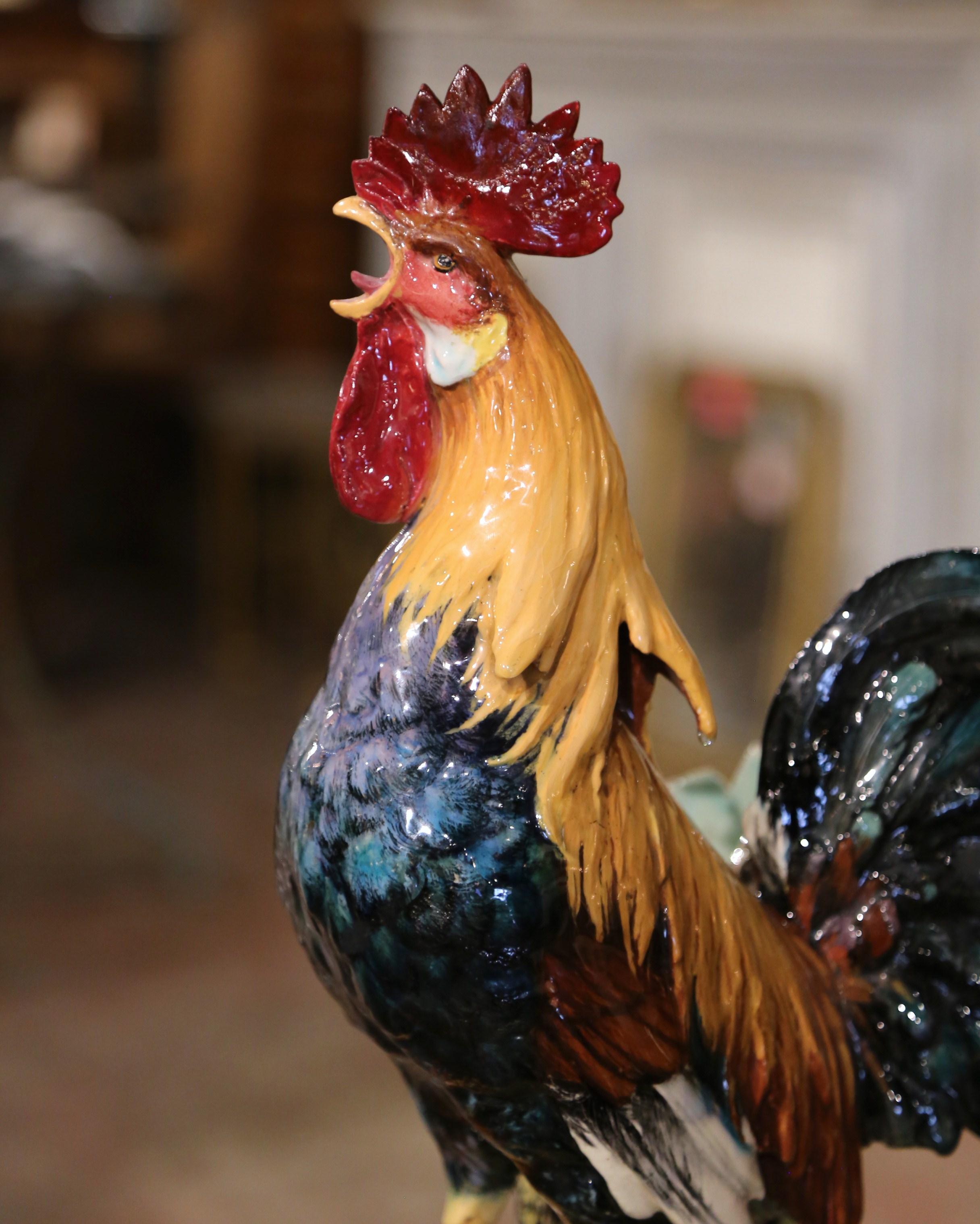 Faience 19th Century French Hand Painted Barbotine Rooster Vase Signed Jerome Massier For Sale