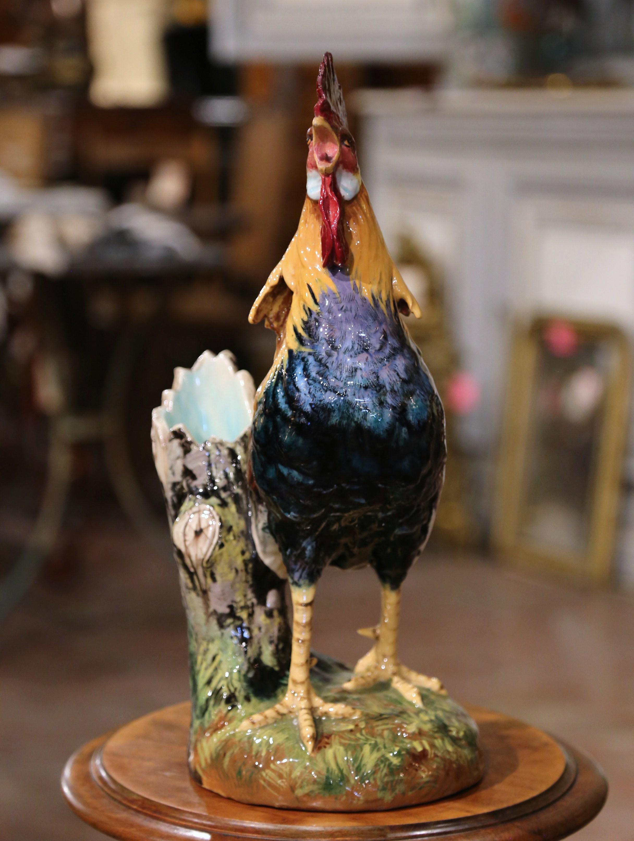 19th Century French Hand Painted Barbotine Rooster Vase Signed Jerome Massier For Sale 2