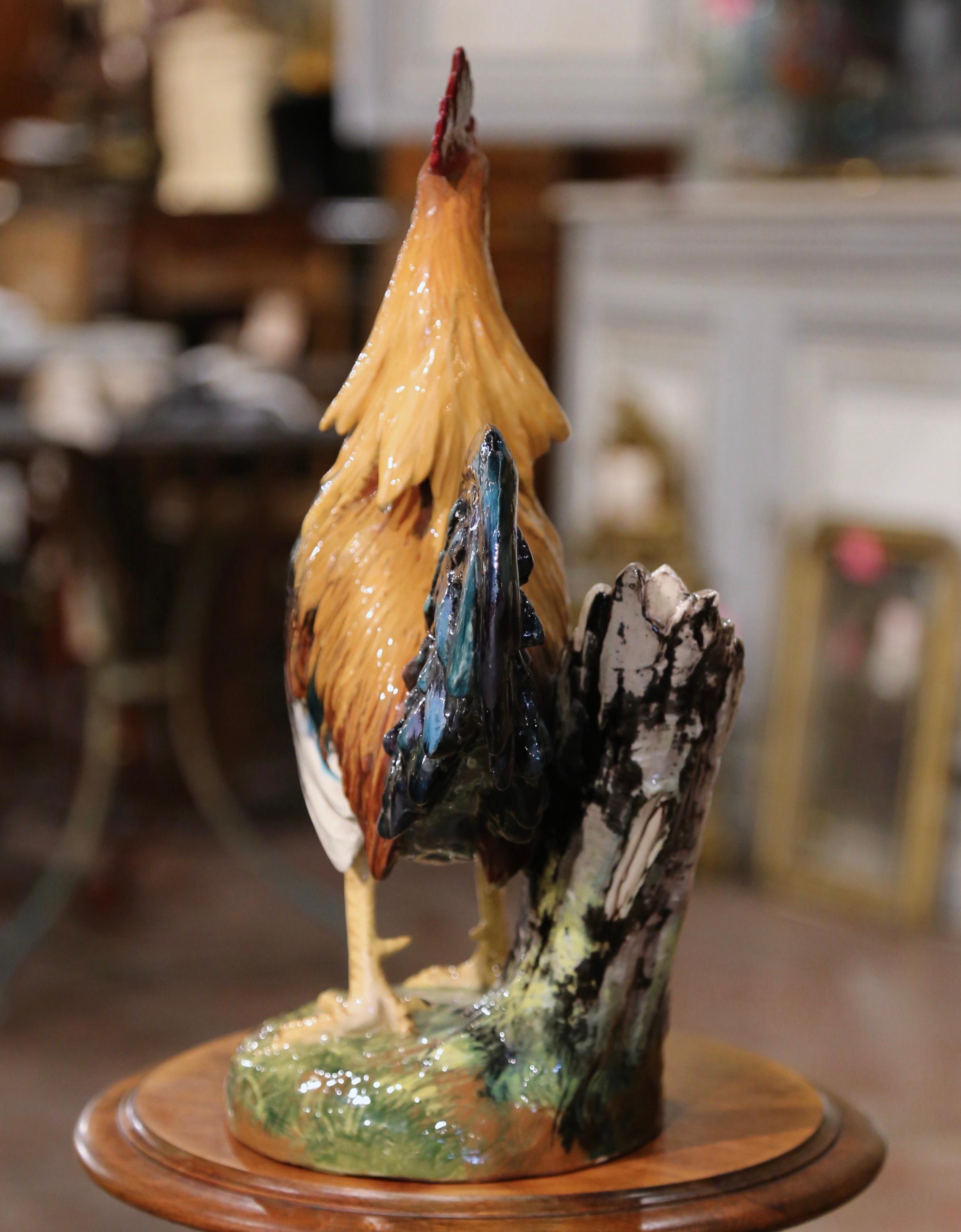 19th Century French Hand Painted Barbotine Rooster Vase Signed Jerome Massier For Sale 3