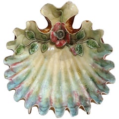 19th Century French Hand-Painted Barbotine Shell Dish with Flower and Leaves