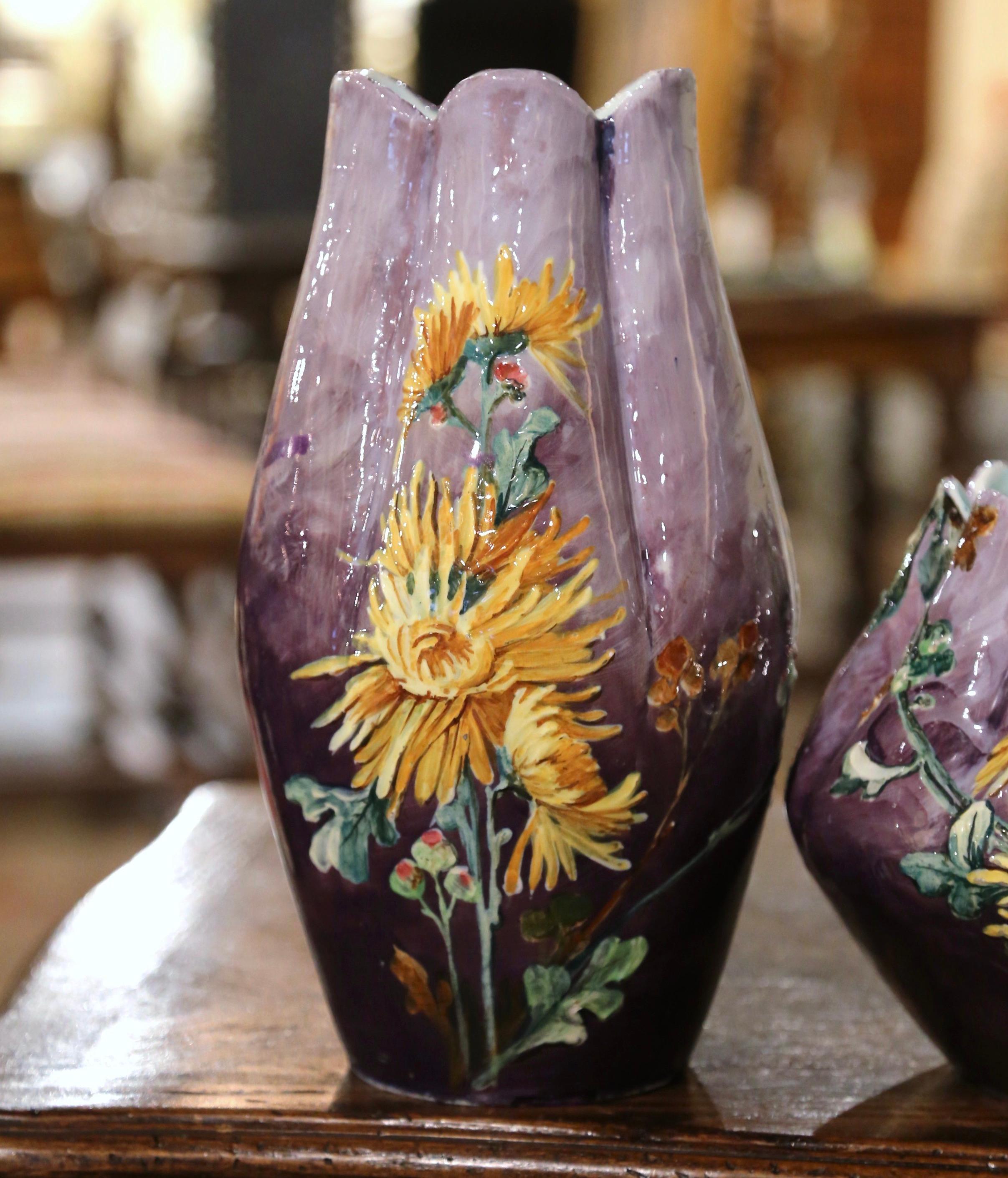 Hand-Crafted 19th Century French Hand-Painted Barbotine Vases Signed P. Perret, Set of Three For Sale