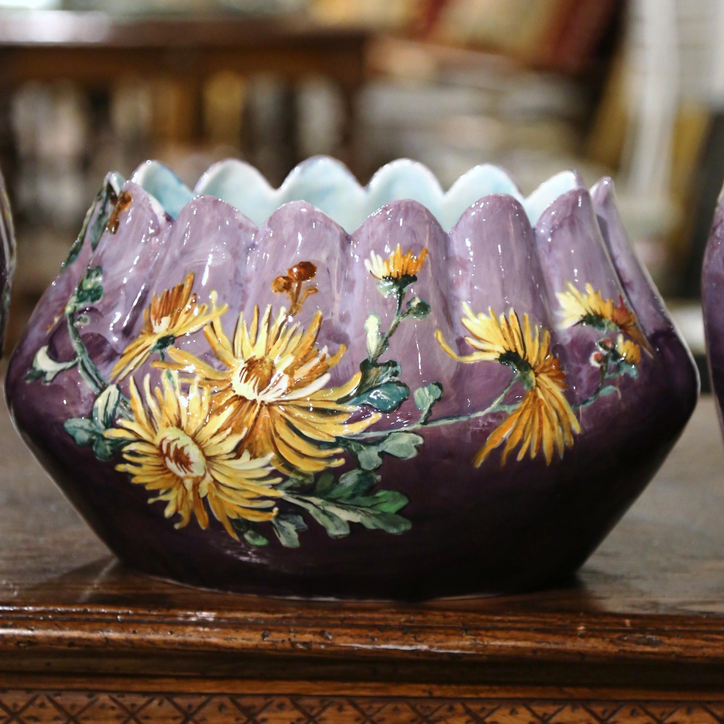 19th Century French Hand-Painted Barbotine Vases Signed P. Perret, Set of Three In Excellent Condition For Sale In Dallas, TX