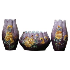 19th Century French Hand-Painted Barbotine Vases Signed P. Perret, Set of Three