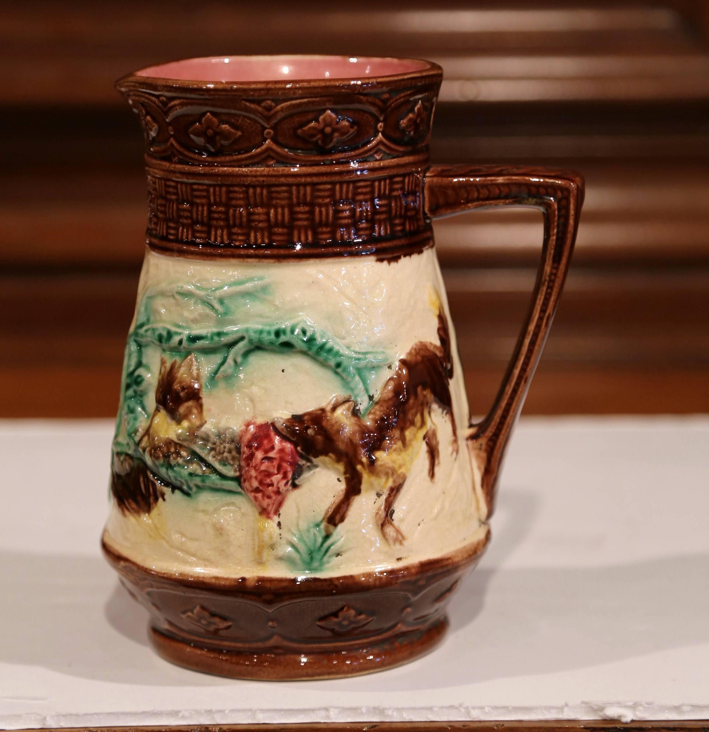 19th Century French Hand Painted Barbotine Wine or Water Pitcher In Excellent Condition In Dallas, TX
