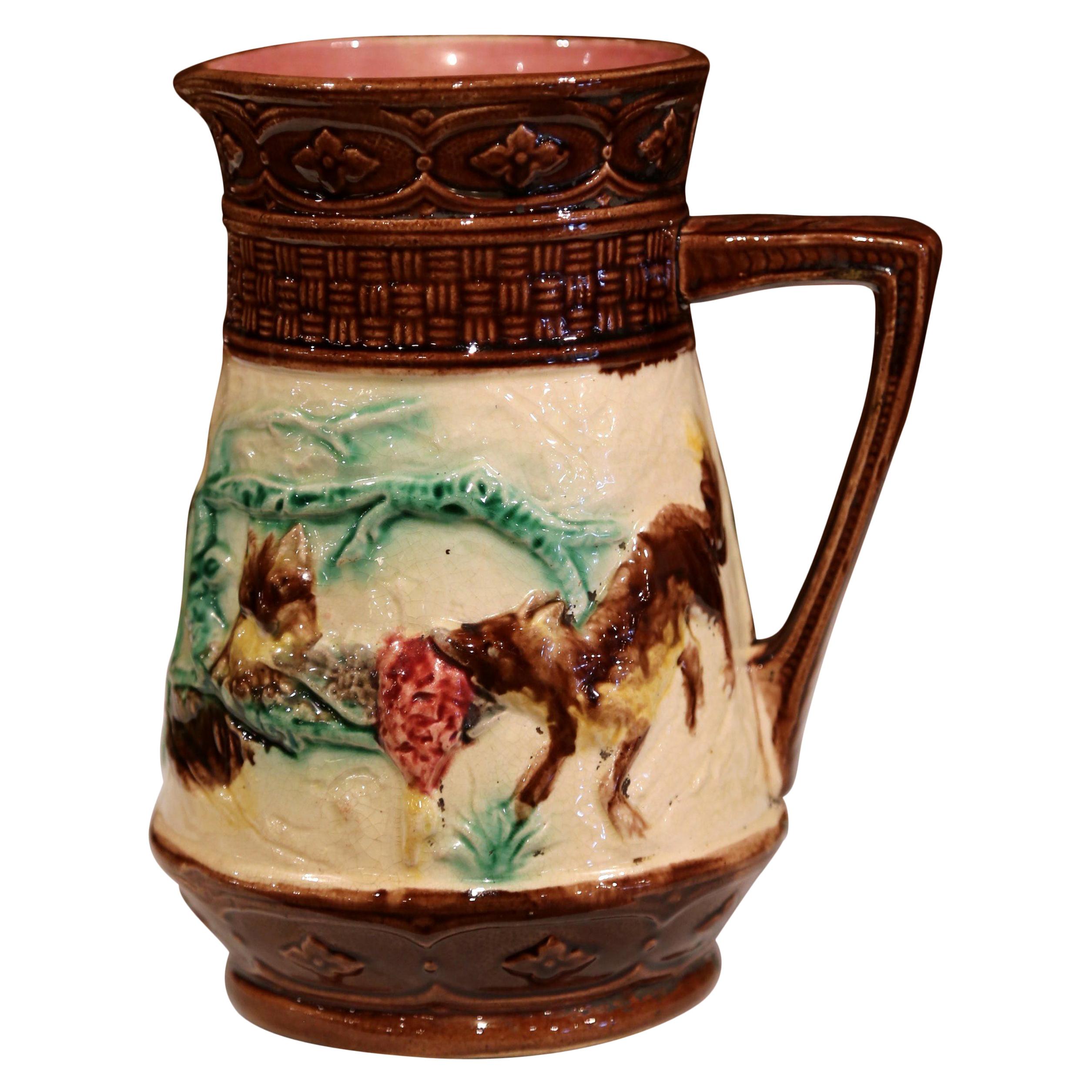 19th Century French Hand Painted Barbotine Wine or Water Pitcher
