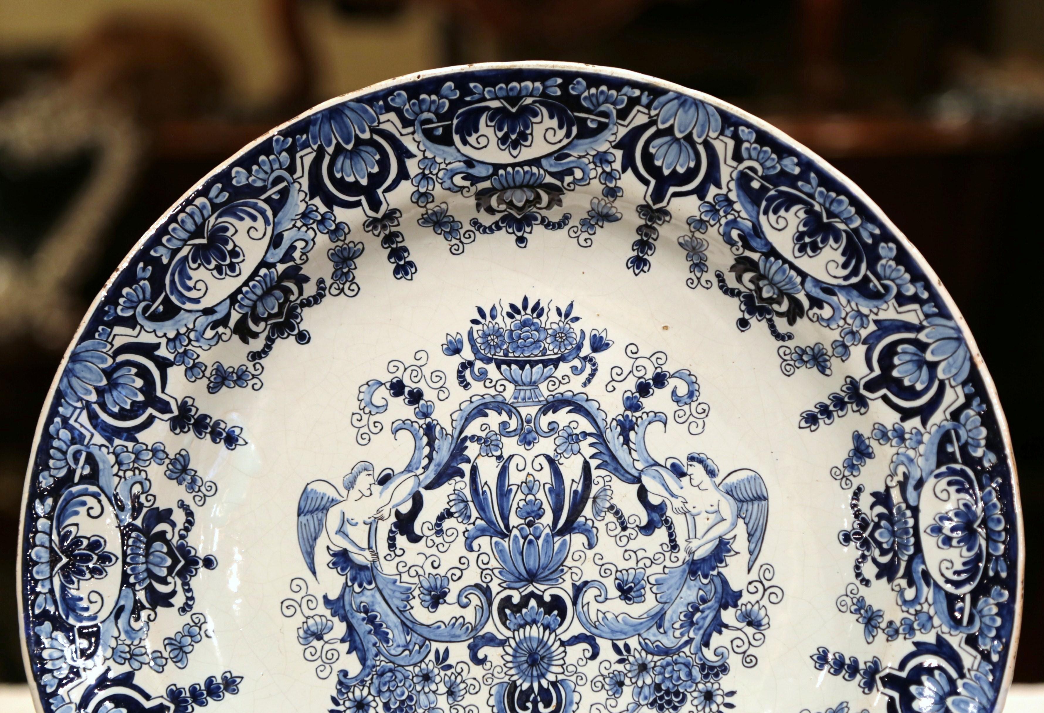 Hand-Painted 19th Century French Hand Painted Blue and White Faience Charger with Crest Motif