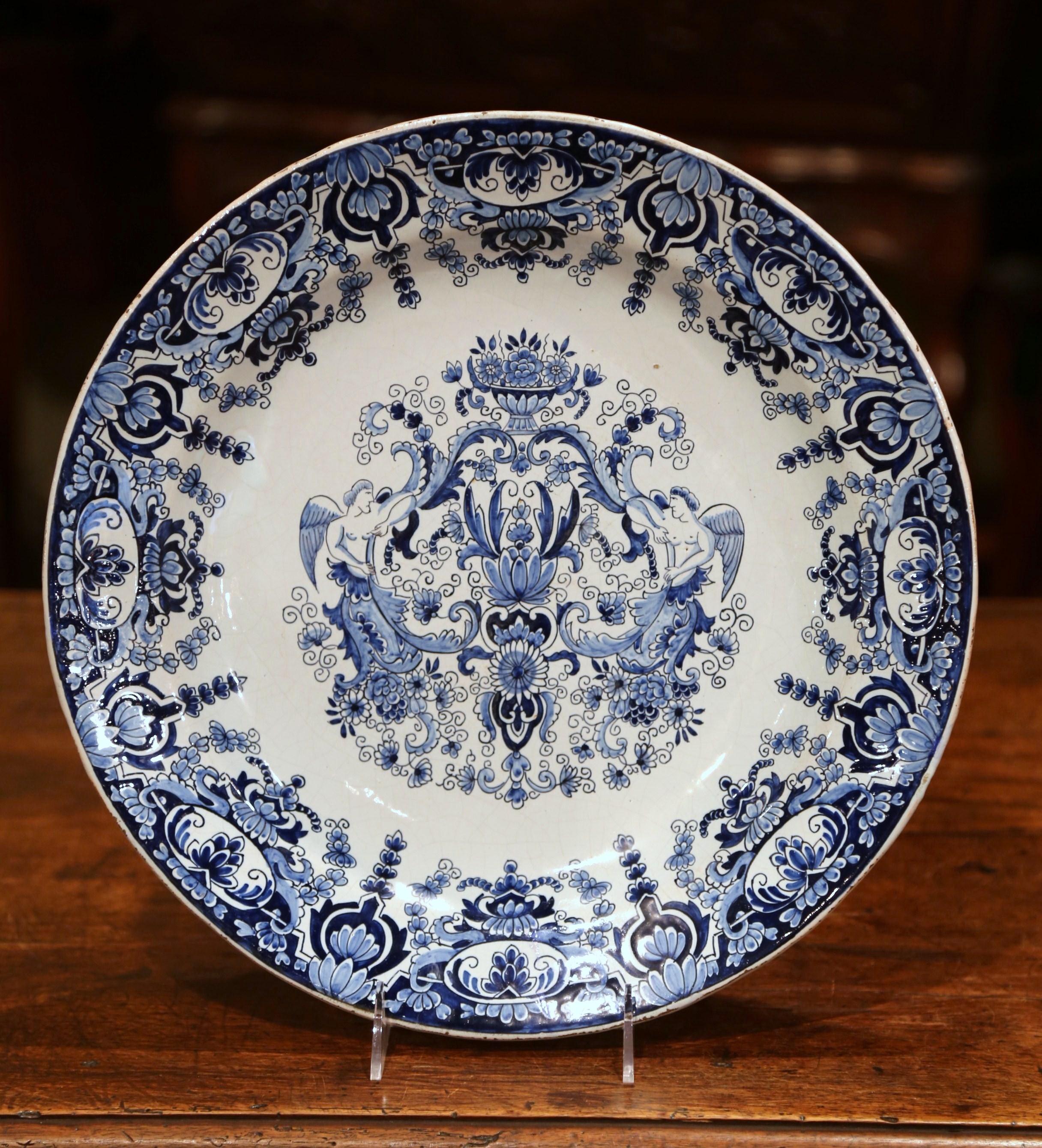 19th Century French Hand Painted Blue and White Faience Charger with Crest Motif 1