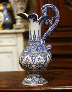19th Century French Hand Painted Blue and White Faience Ewer Signed HR Quimper