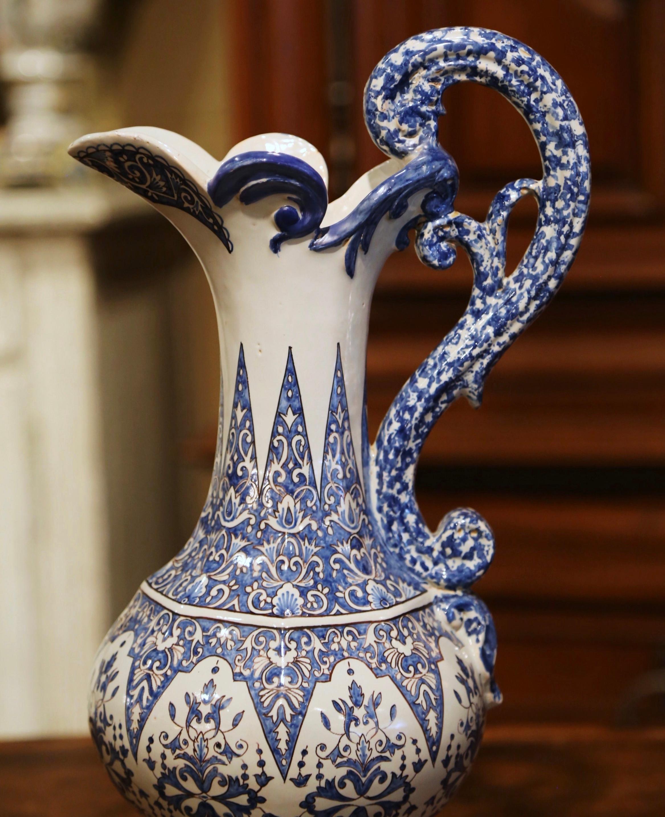 Hand-Painted 19th Century French Hand Painted Blue and White Faience Ewer Signed HR Quimper For Sale