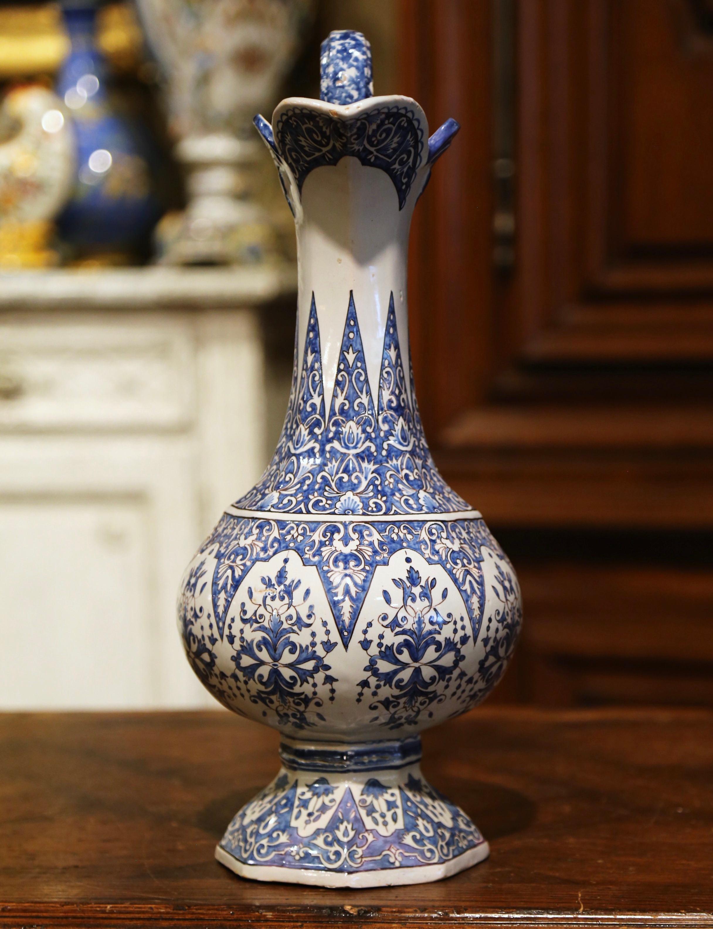 19th Century French Hand Painted Blue and White Faience Ewer Signed HR Quimper For Sale 1