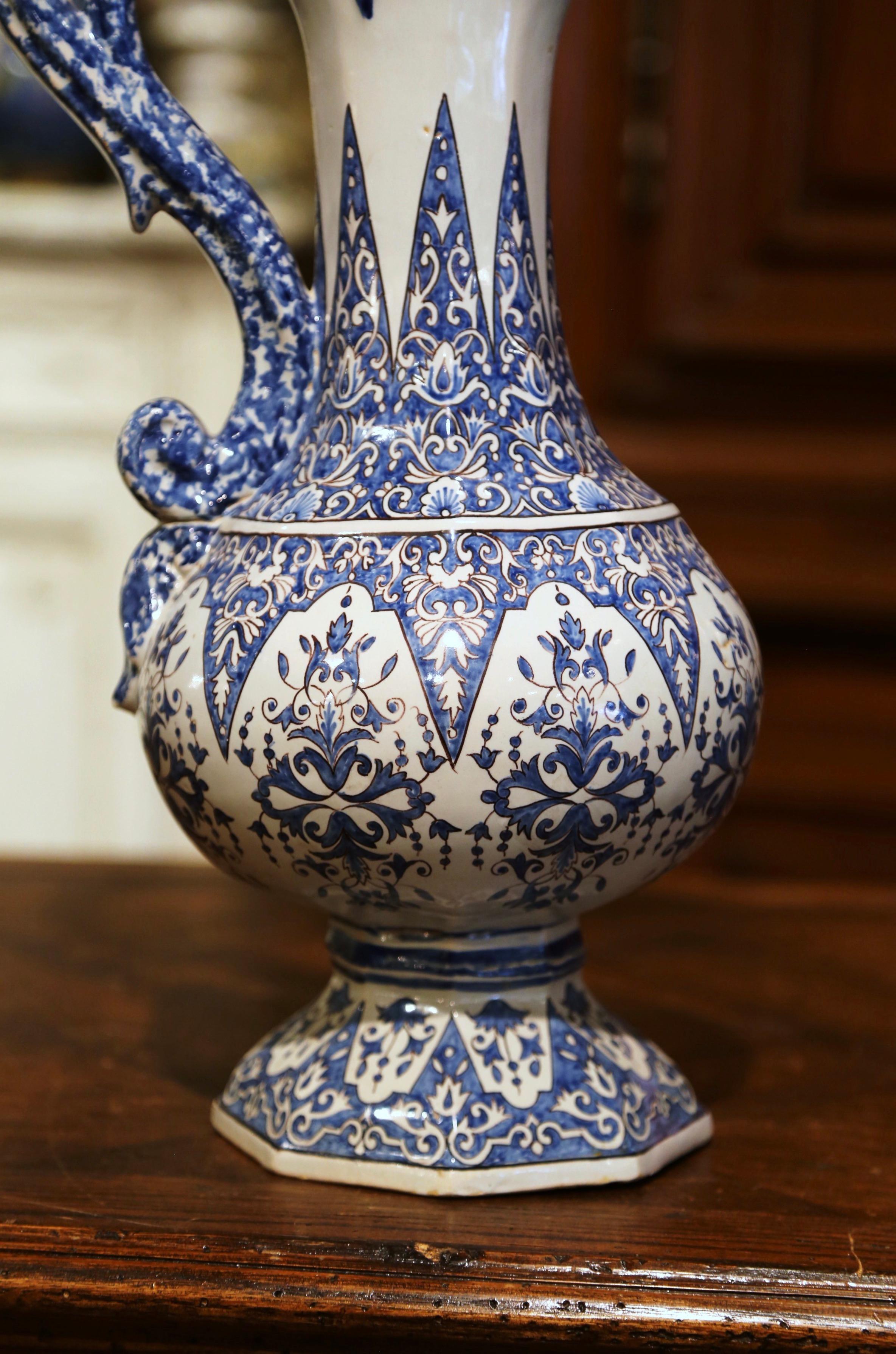 19th Century French Hand Painted Blue and White Faience Ewer Signed HR Quimper For Sale 3