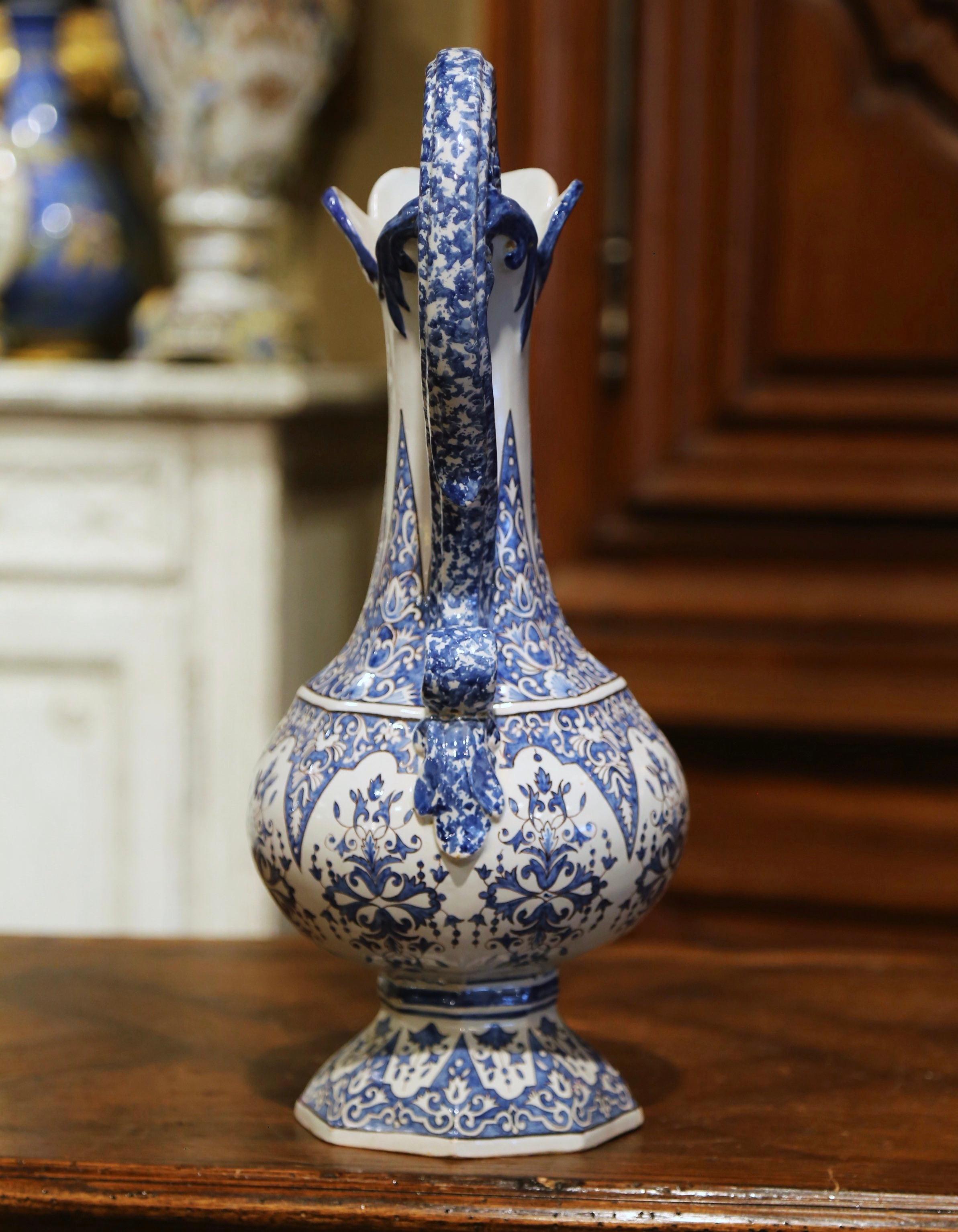 19th Century French Hand Painted Blue and White Faience Ewer Signed HR Quimper For Sale 4