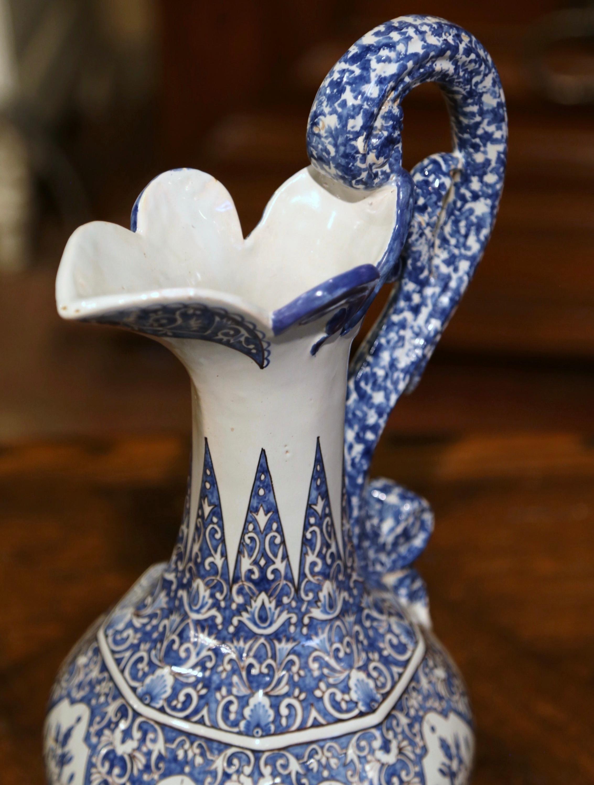 19th Century French Hand Painted Blue and White Faience Ewer Signed HR Quimper For Sale 5
