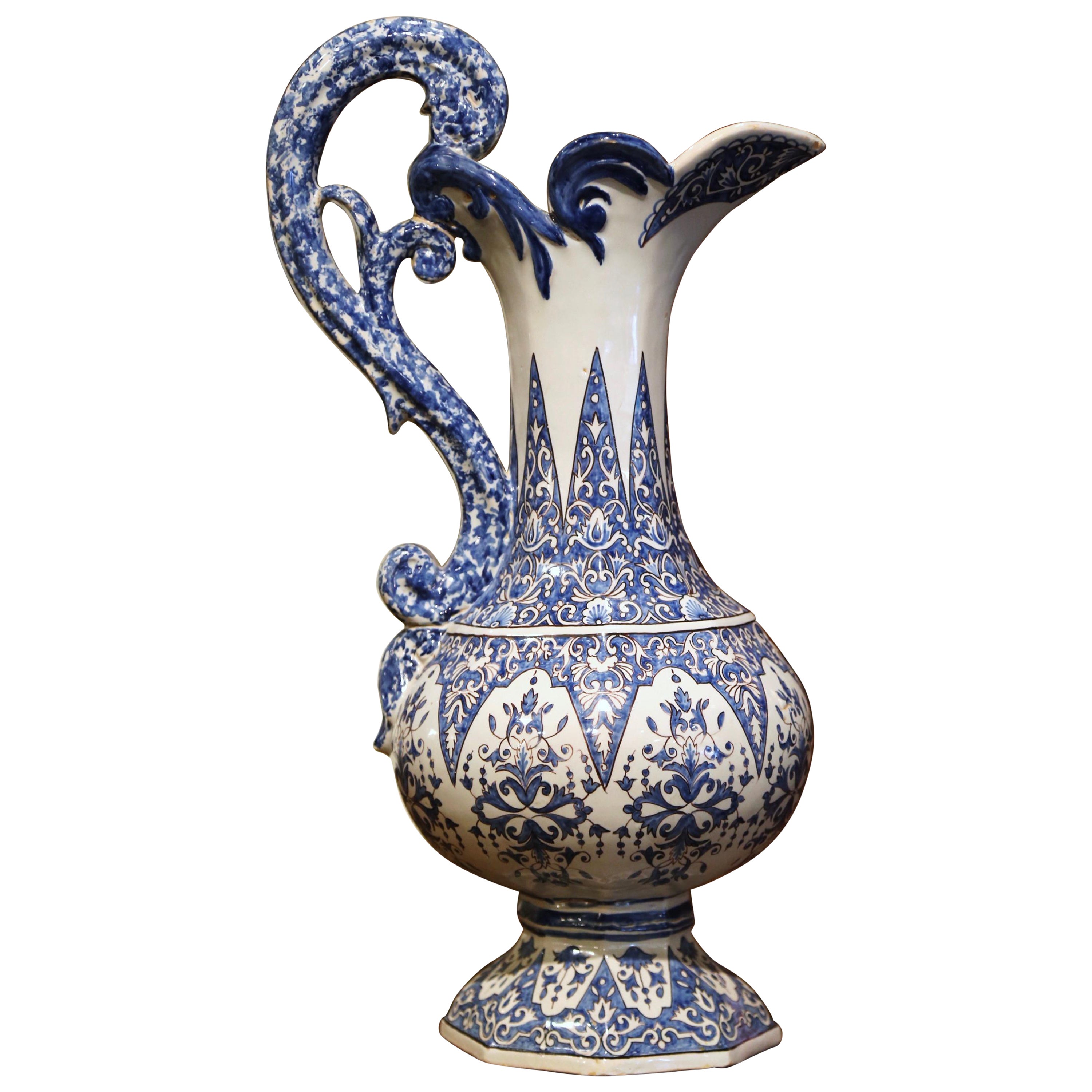 19th Century French Hand Painted Blue and White Faience Ewer Signed HR Quimper