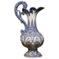 19th Century French Hand Painted Blue and White Faience Ewer Signed HR Quimper