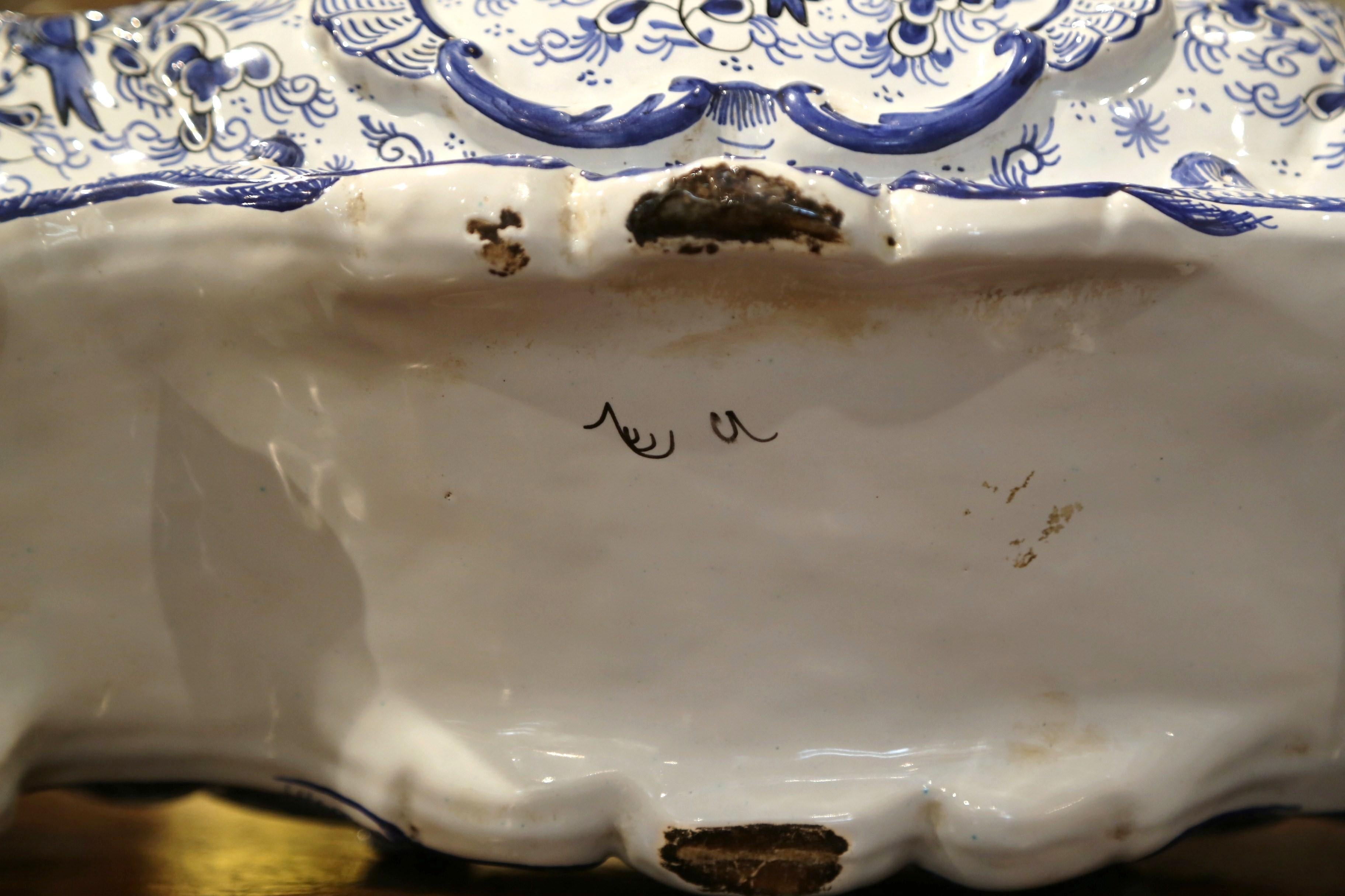 19th Century French Hand Painted Blue and White Faience Jardinière from Normandy 4