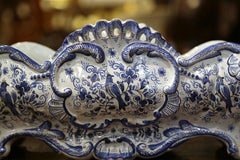 19th Century French Hand Painted Blue and White Faience Jardinière from Normandy