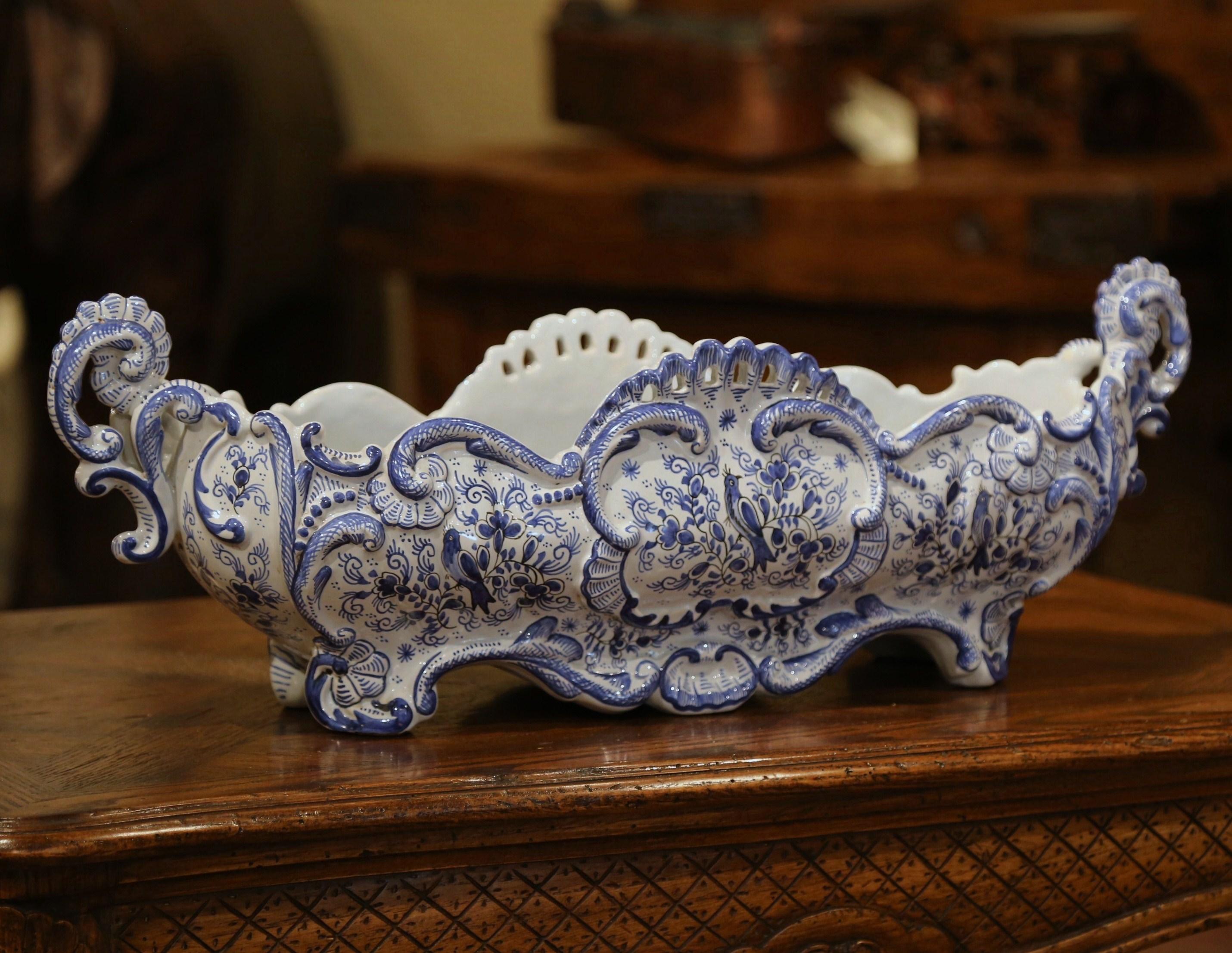 Louis XV 19th Century French Hand Painted Blue and White Faience Jardinière from Normandy