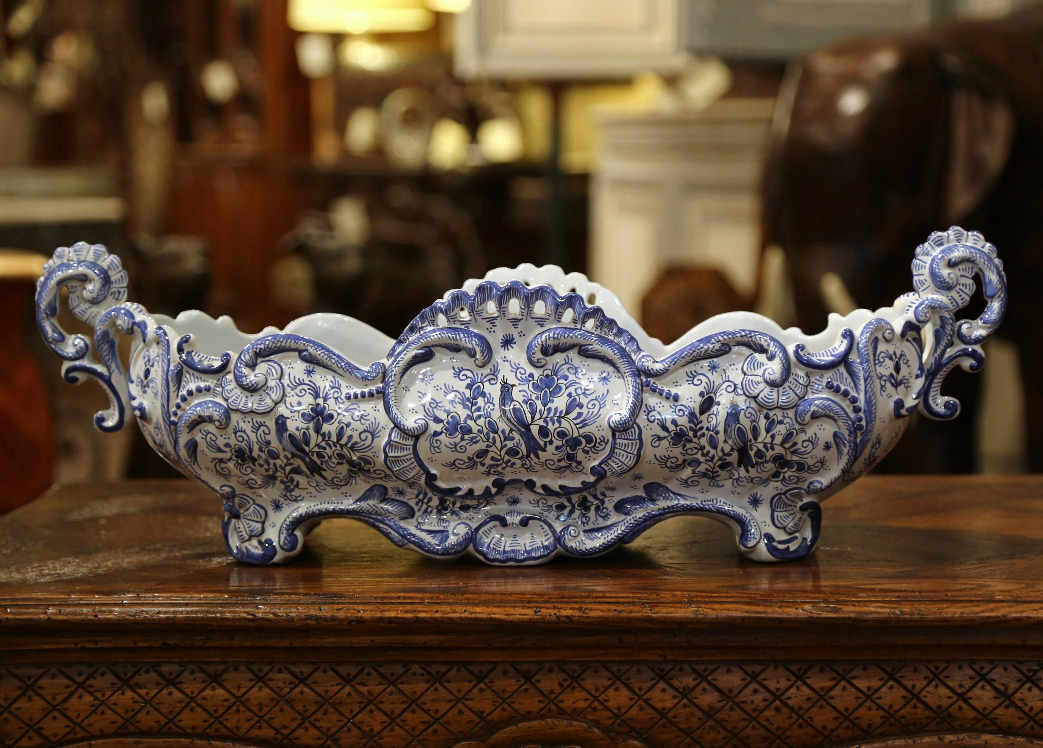 19th Century French Hand Painted Blue and White Faience Jardinière from Normandy In Excellent Condition In Dallas, TX