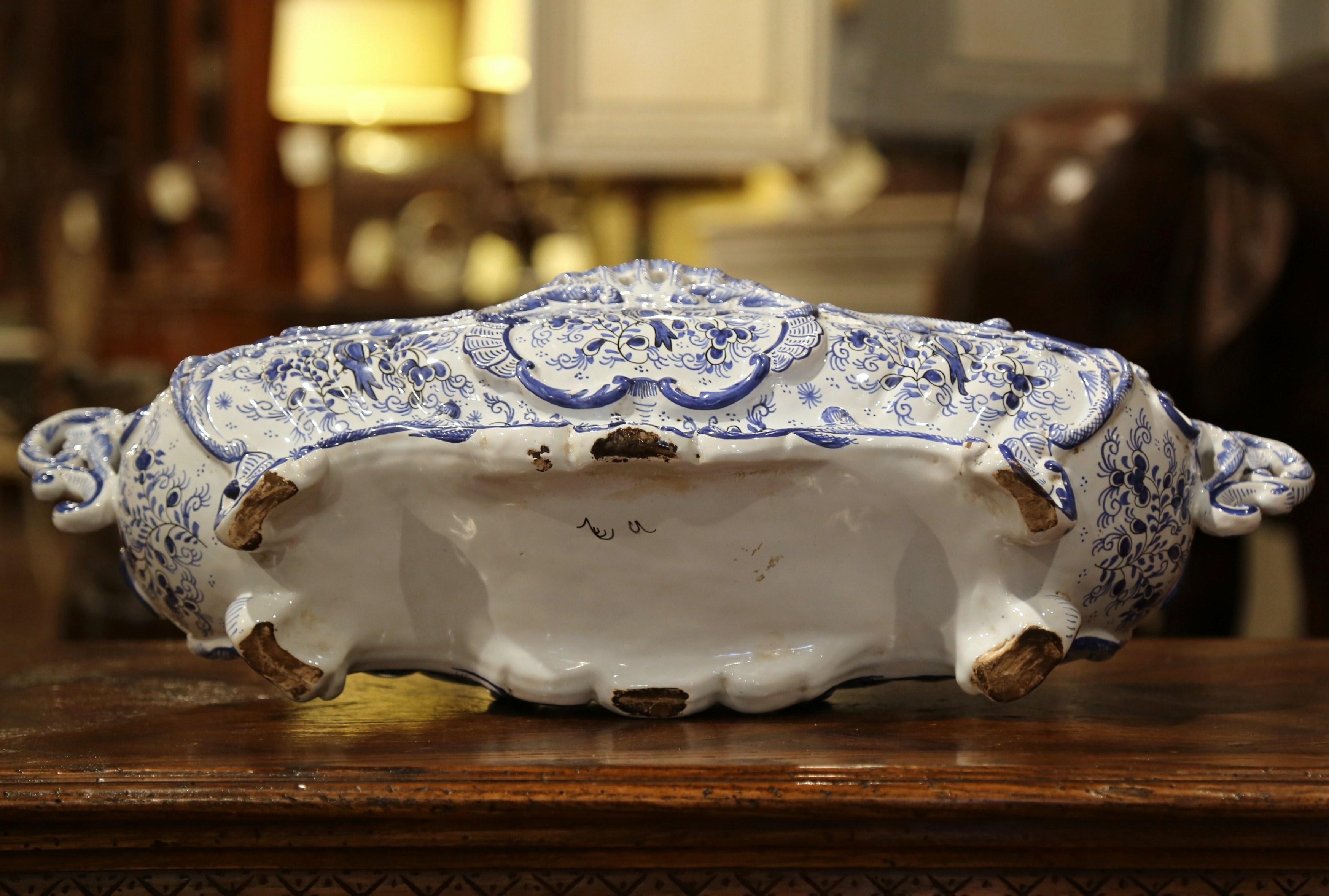 19th Century French Hand Painted Blue and White Faience Jardinière from Normandy 3