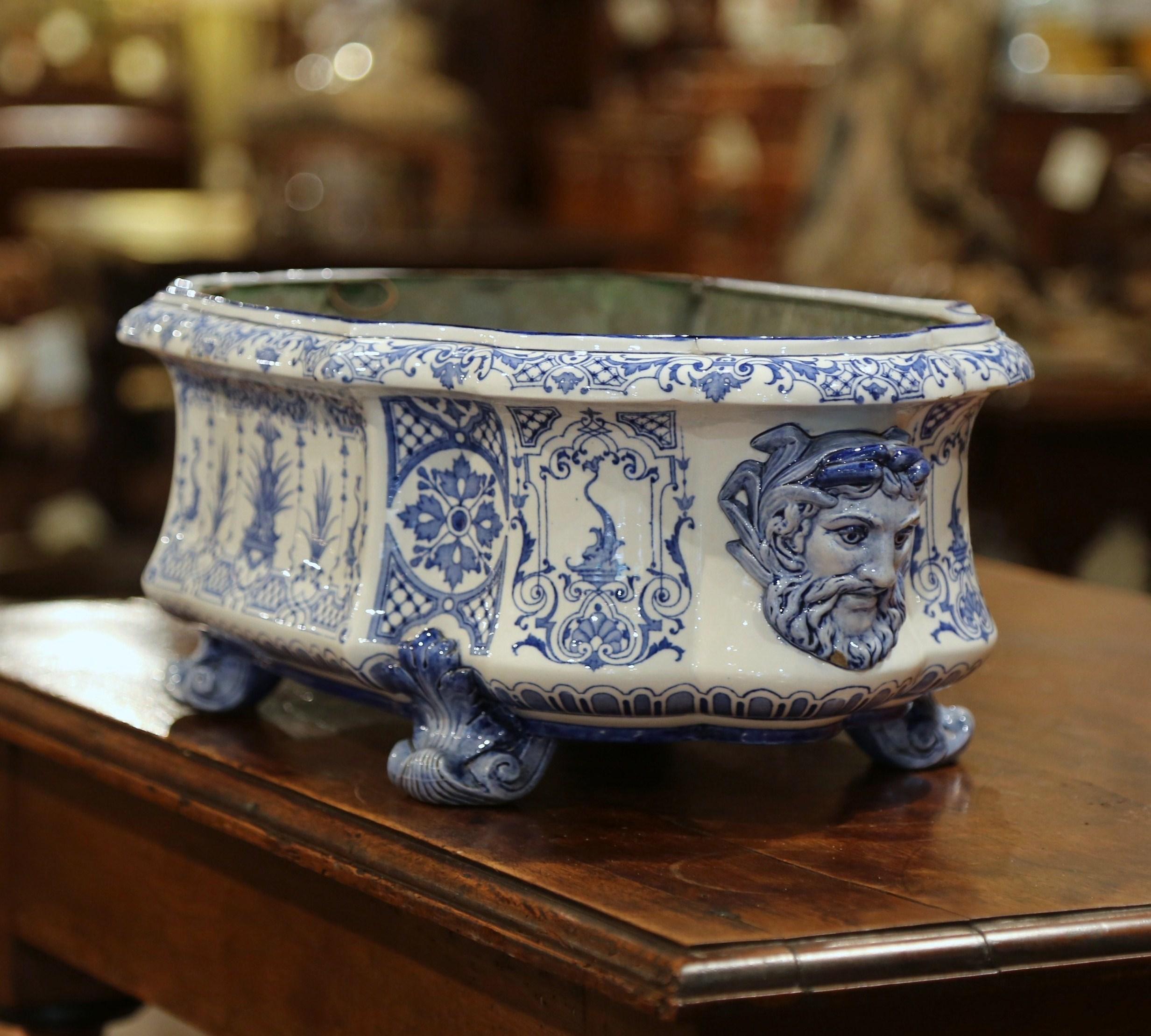 Hand-Crafted 19th Century French Hand Painted Blue and White Faience Jardinière Signed Gien