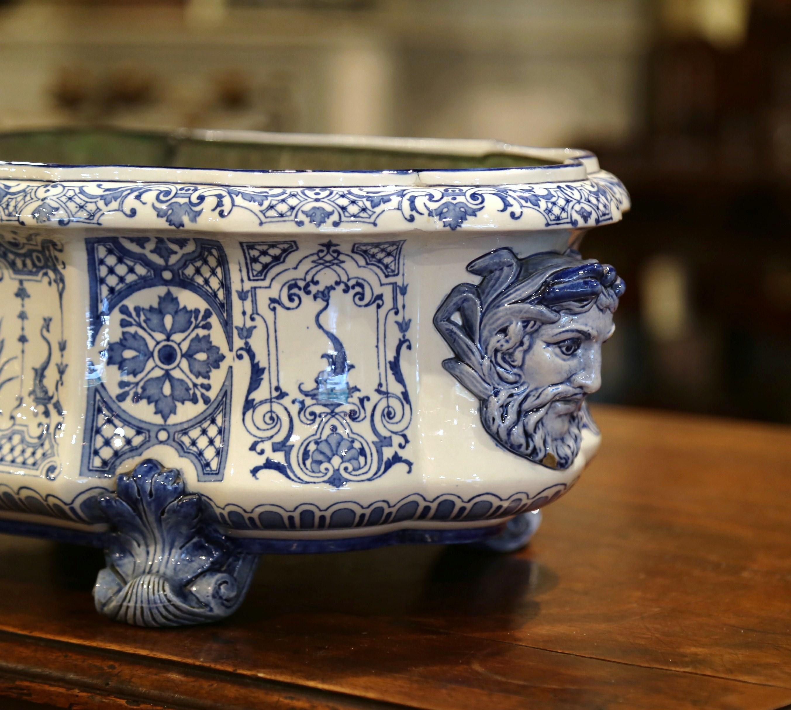 19th Century French Hand Painted Blue and White Faience Jardinière Signed Gien In Excellent Condition In Dallas, TX