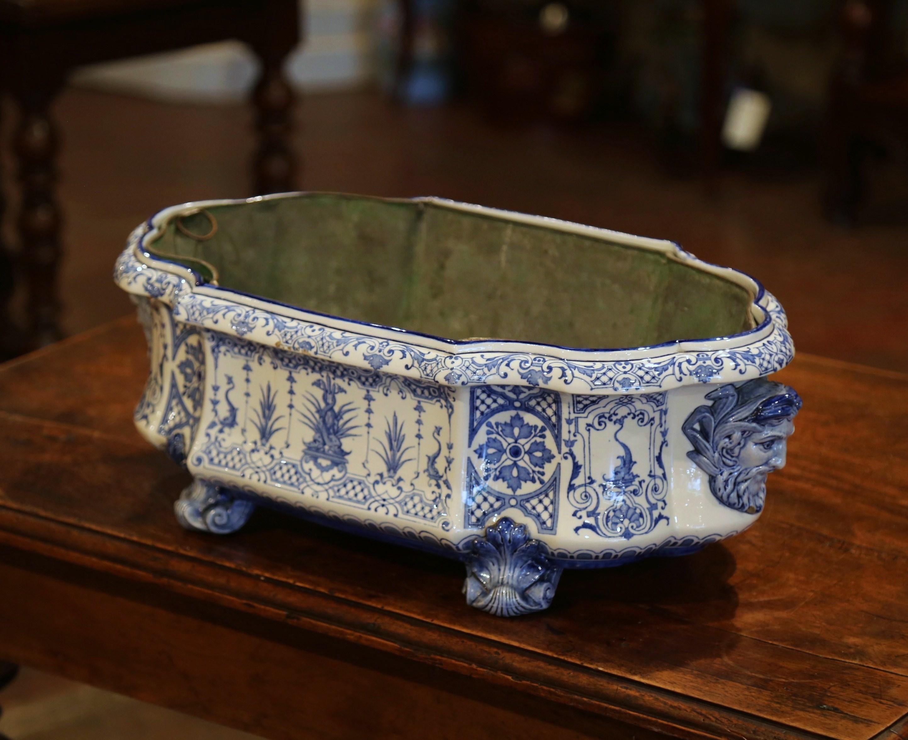 Zinc 19th Century French Hand Painted Blue and White Faience Jardinière Signed Gien