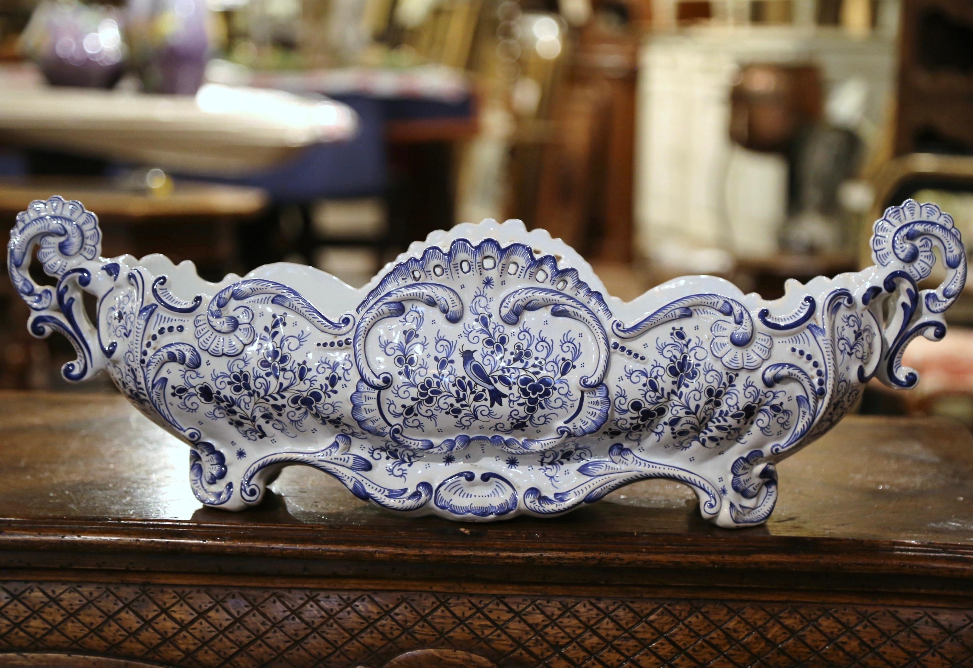 19th Century French Hand Painted Blue and White Faience Oblong Jardinière In Excellent Condition In Dallas, TX