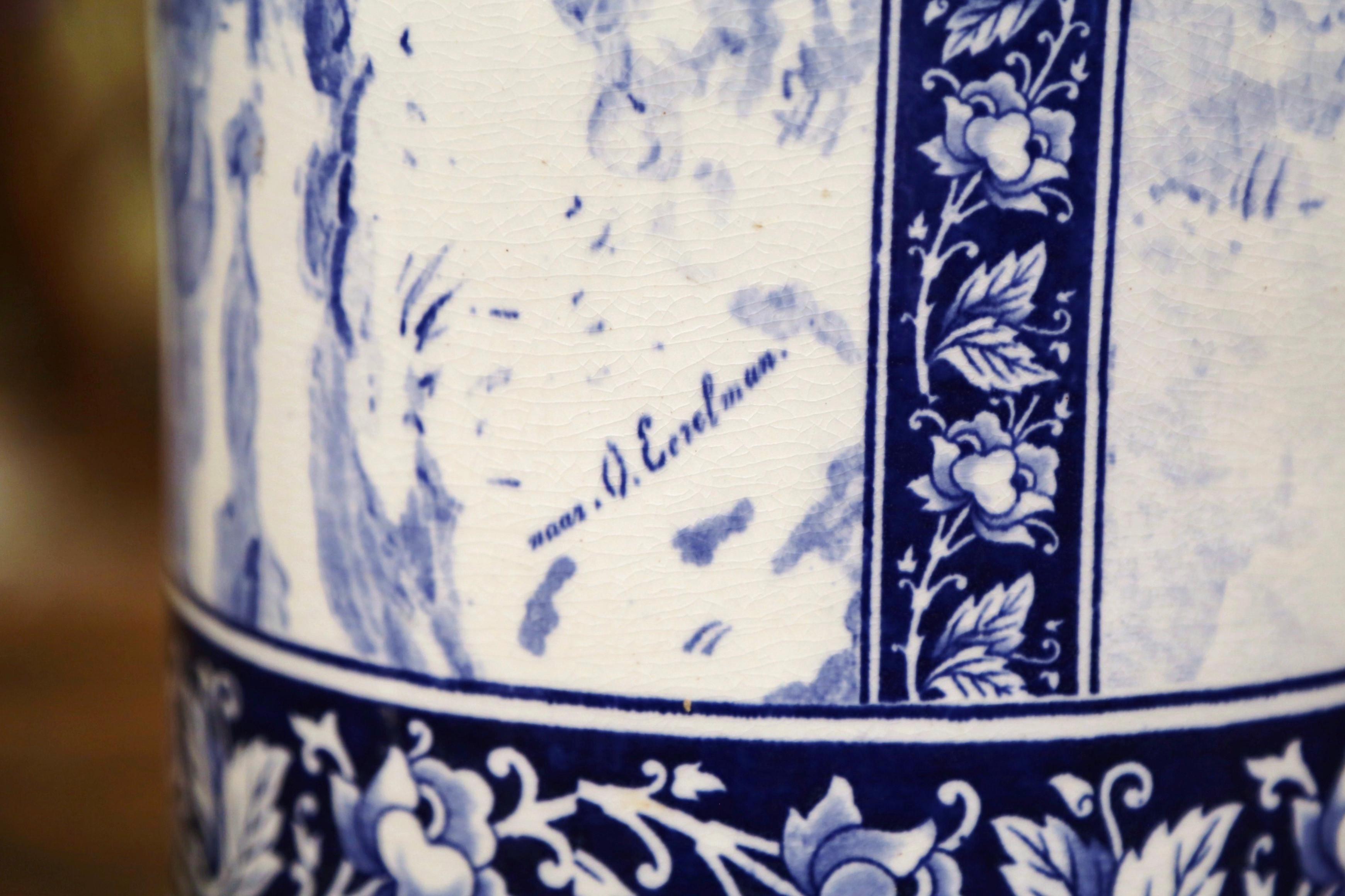 19th Century French Hand Painted Blue and White Porcelain Umbrella Stand 6