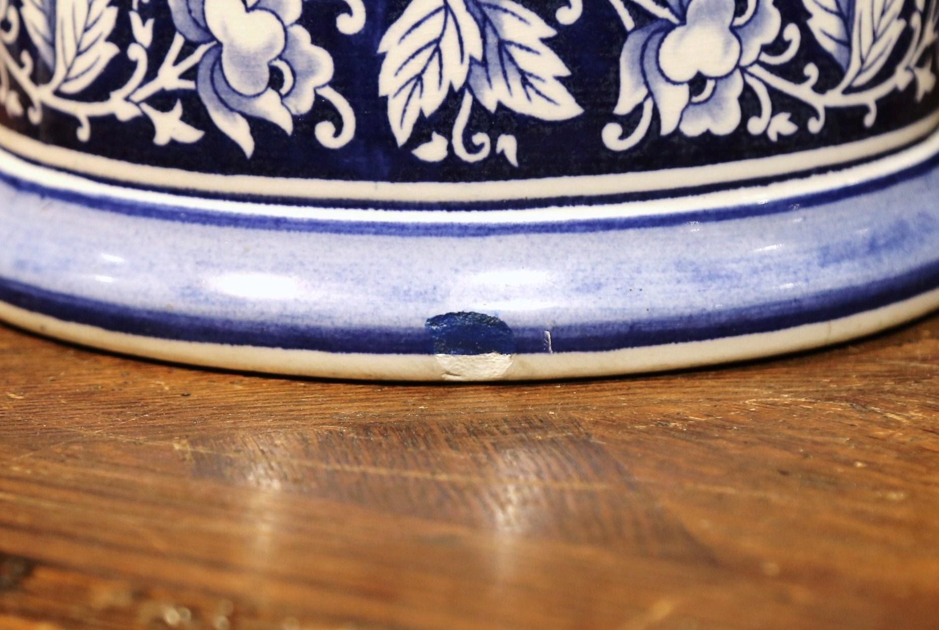 19th Century French Hand Painted Blue and White Porcelain Umbrella Stand 7