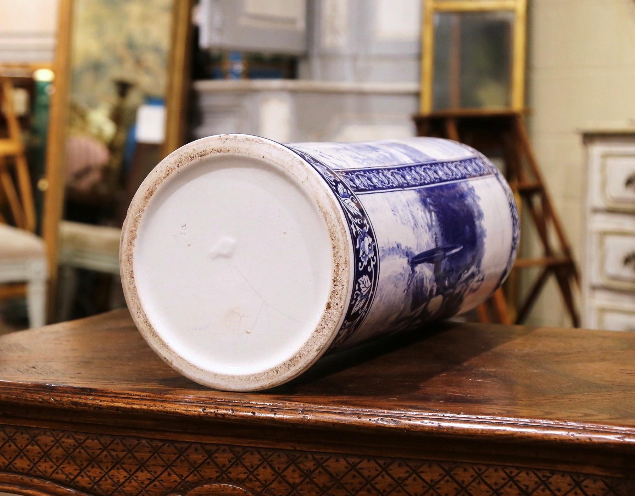 19th Century French Hand Painted Blue and White Porcelain Umbrella Stand 8