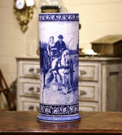 19th Century French Hand Painted Blue and White Porcelain Umbrella Stand