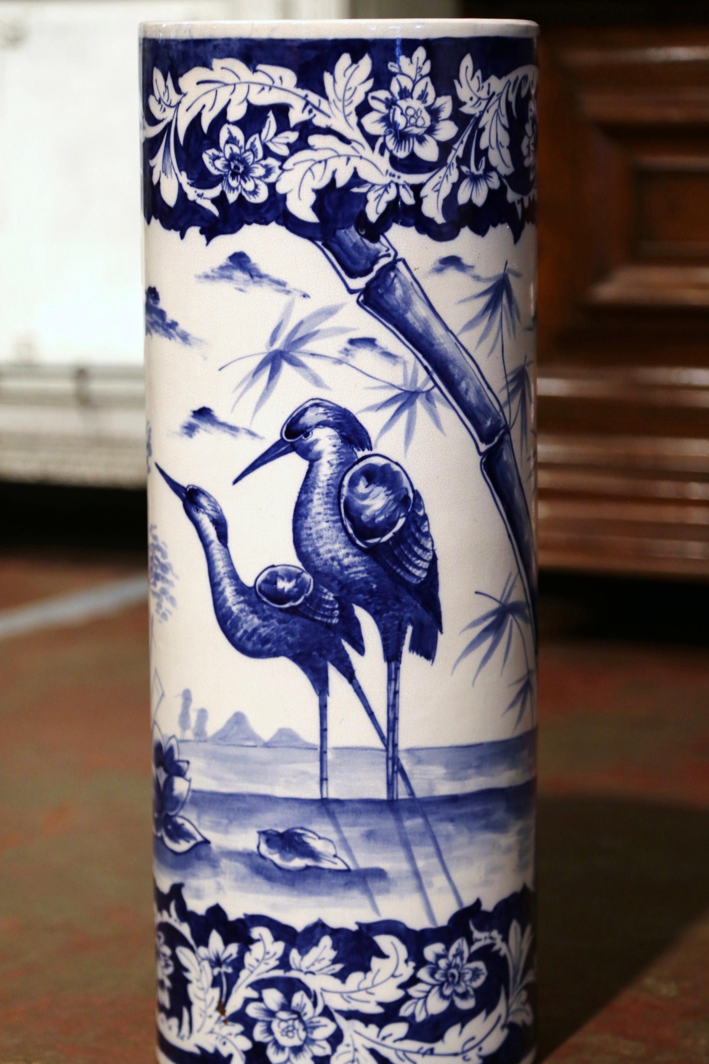 Napoleon III 19th Century French Hand Painted Blue and White Porcelain Umbrella Stand