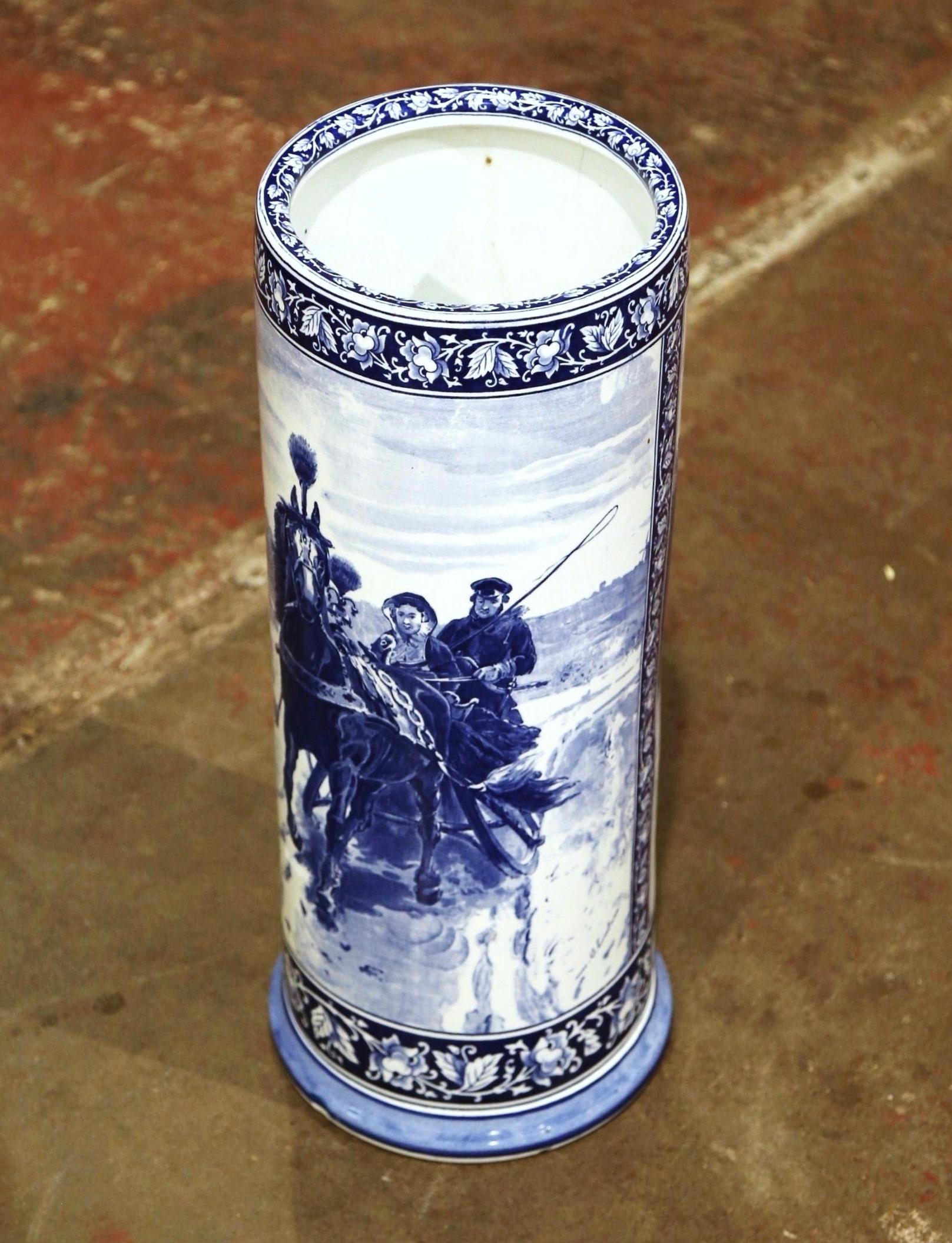 Hand-Painted 19th Century French Hand Painted Blue and White Porcelain Umbrella Stand